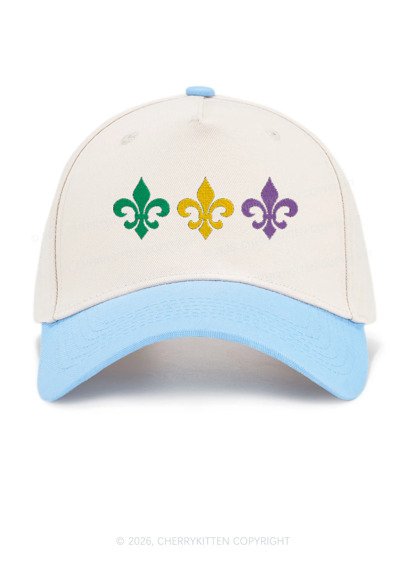 Embroidered Mardi Gras Fleur De Lis Trio Y2K Color Block Baseball Cap Cherrykitten - Image 13