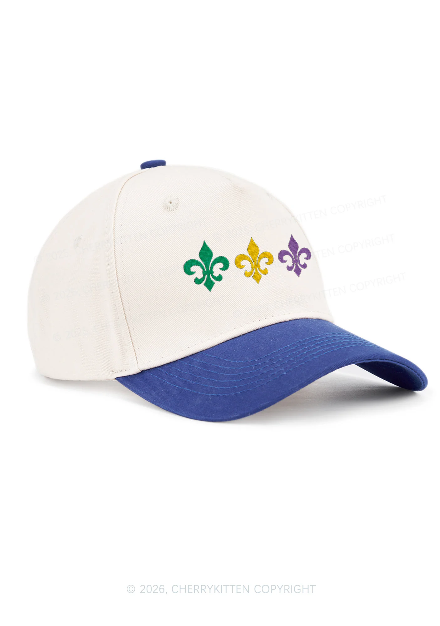 Embroidered Mardi Gras Fleur De Lis Trio Y2K Color Block Baseball Cap Cherrykitten - Image 3