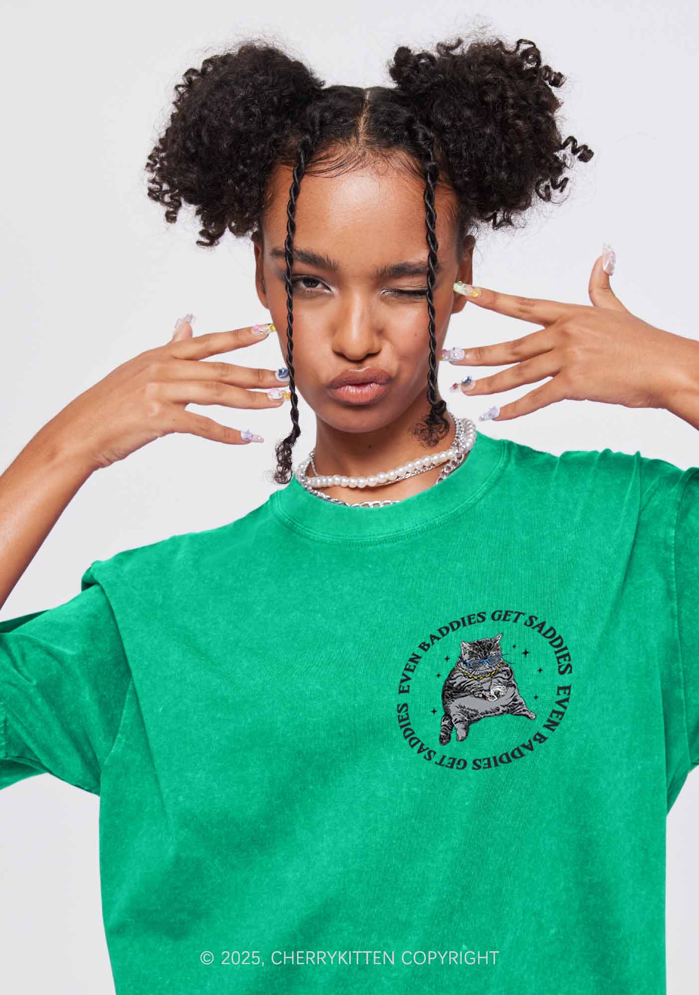 Even Baddies Get Saddies Two Sides Y2K Shirts Washed Tee Cherrykitten - Image 2
