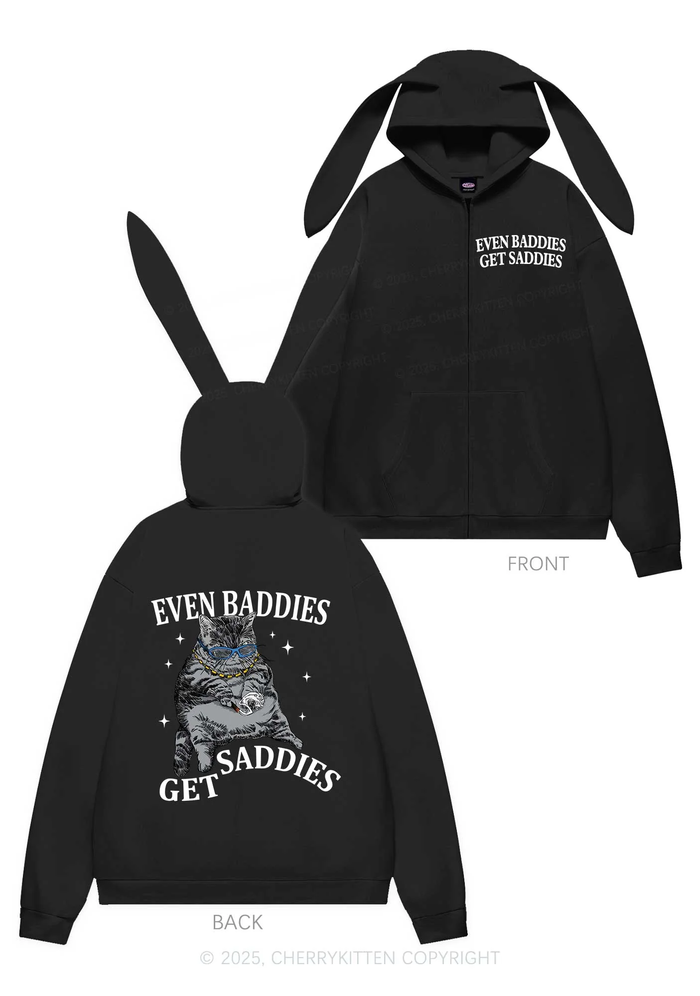 Even Baddies Get Saddies Y2K Bunny Ear Zip Hoodie Cherrykitten - Image 4