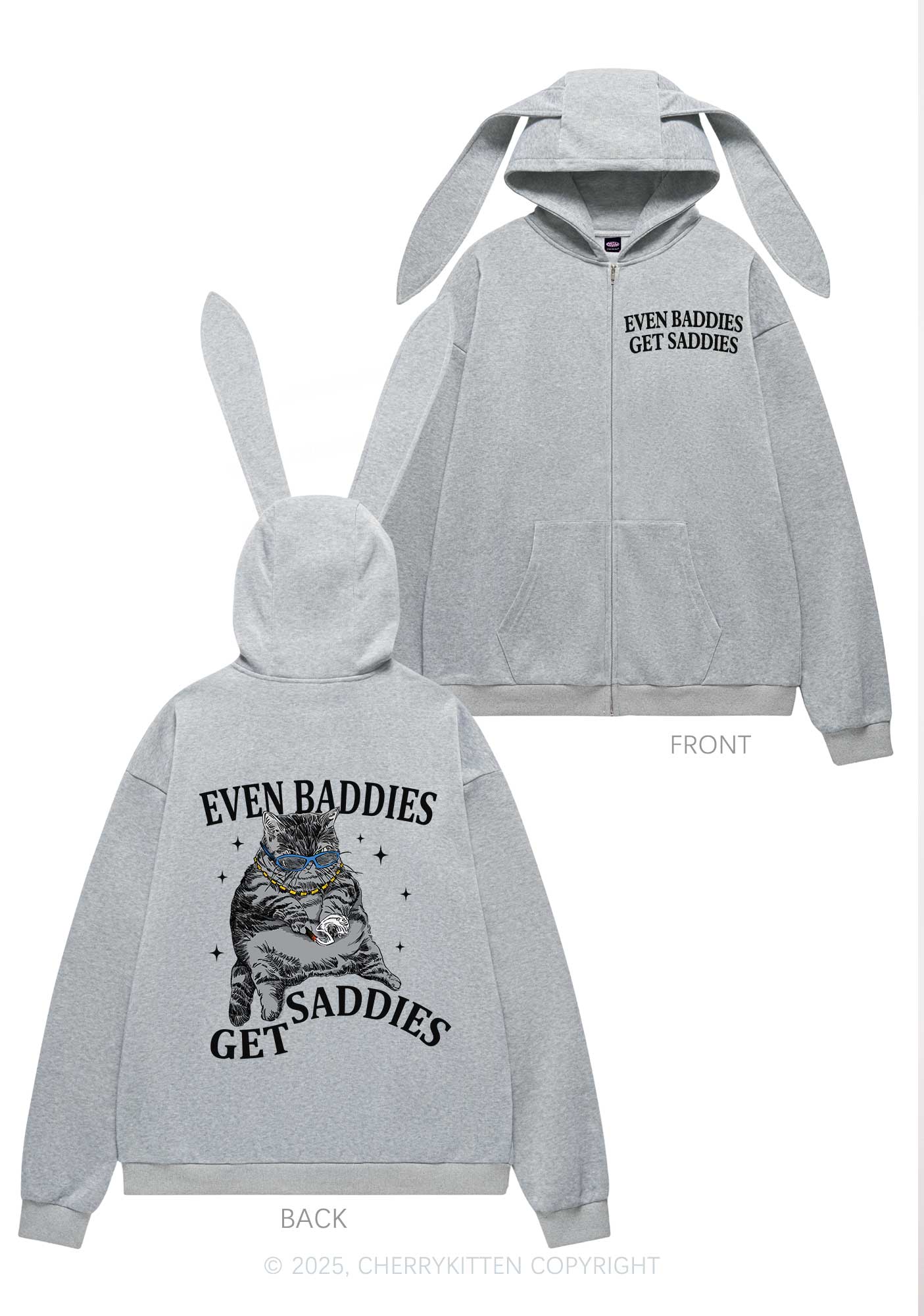 Even Baddies Get Saddies Y2K Bunny Ear Zip Hoodie Cherrykitten - Image 5