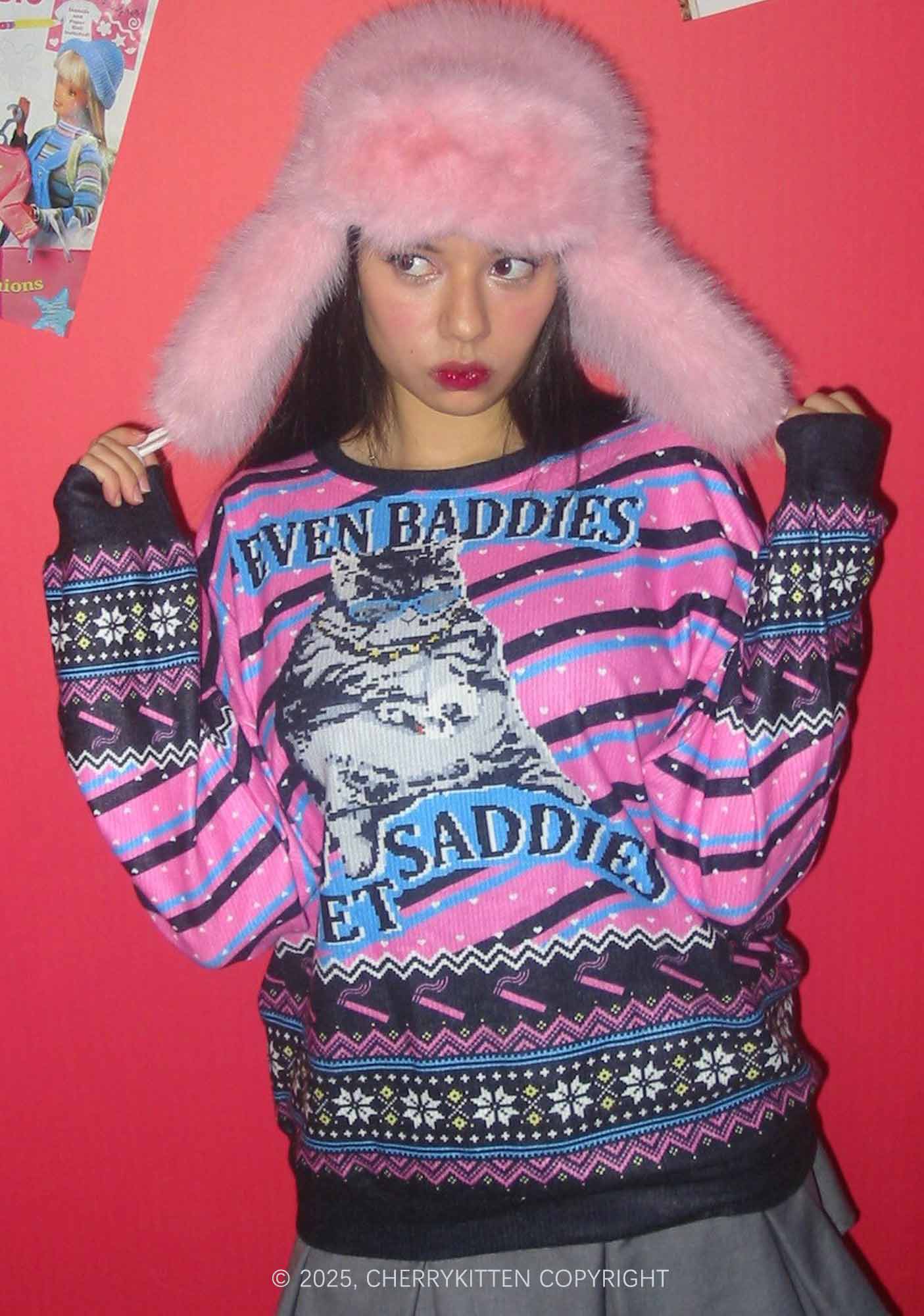 Even Baddies Get Saddies Y2K Christmas Knit Sweatshirt Cherrykitten - Image 2