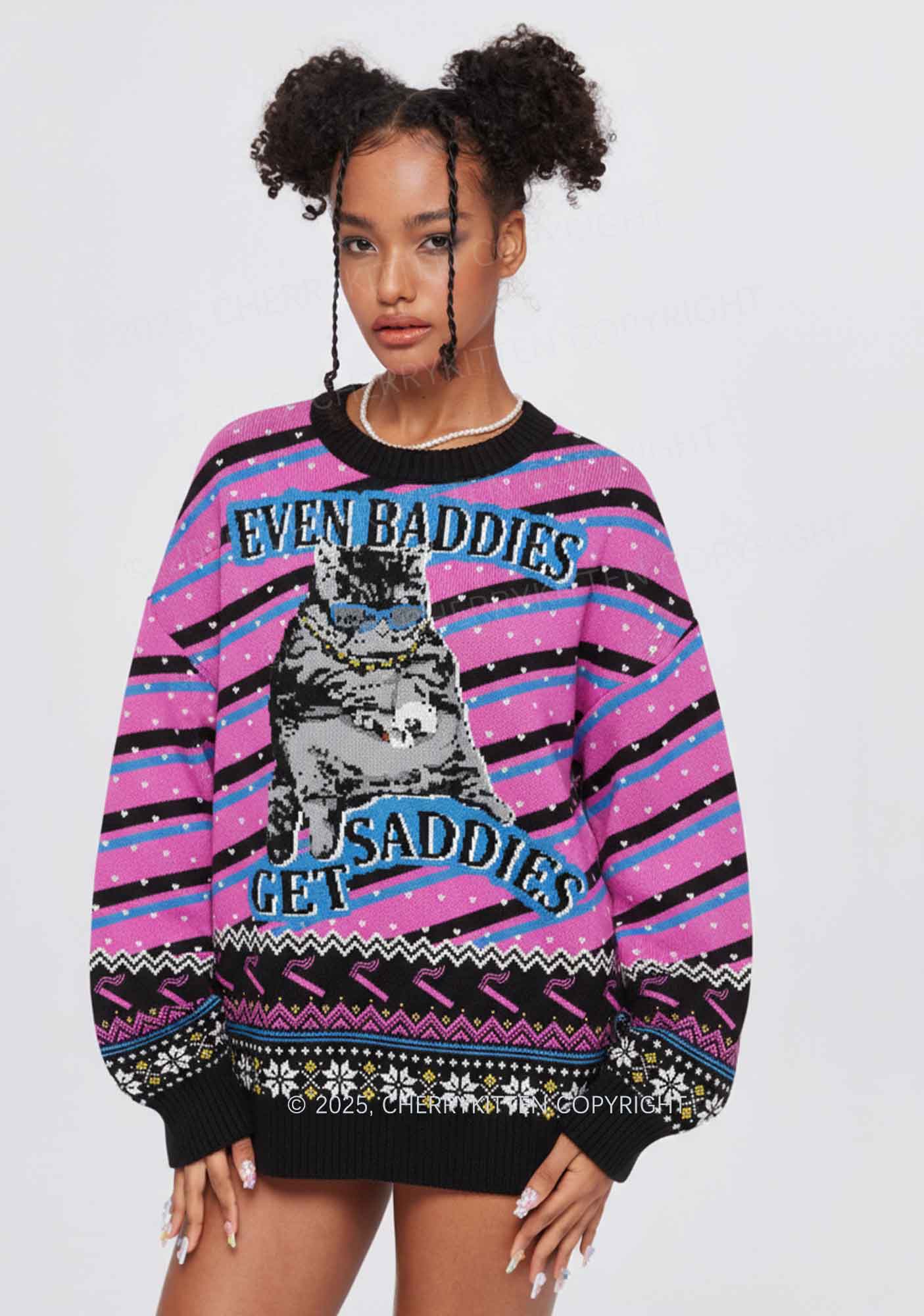 Even Baddies Get Saddies Y2K Christmas Knit Sweatshirt Cherrykitten - Image 3