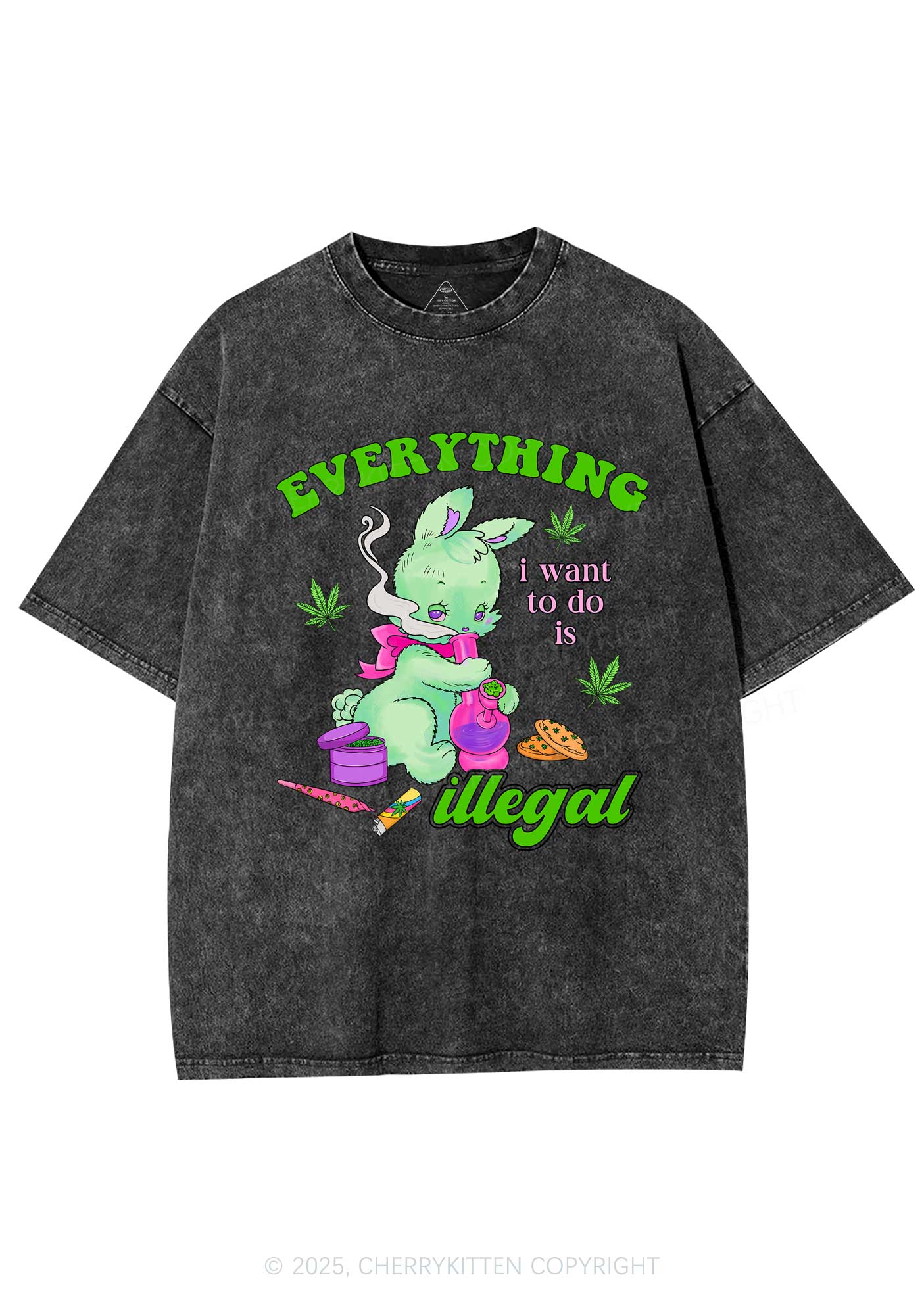Everything Is Illegal Bunny Y2K Shirts Washed Tee Cherrykitten - Image 3
