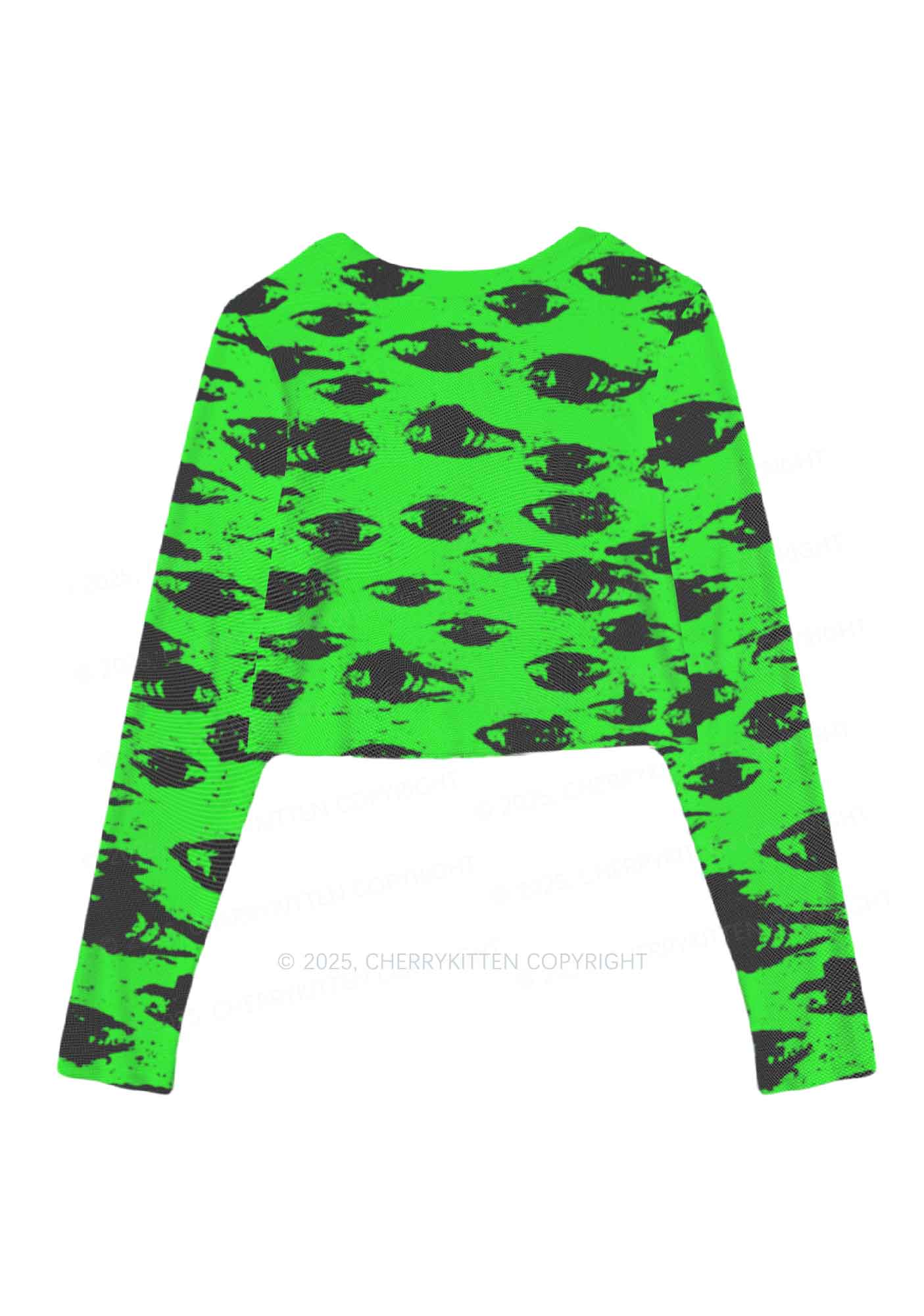 Eyes On Bright Green Y2K Mesh Long Sleeve Crop Top Cherrykitten - Image 3