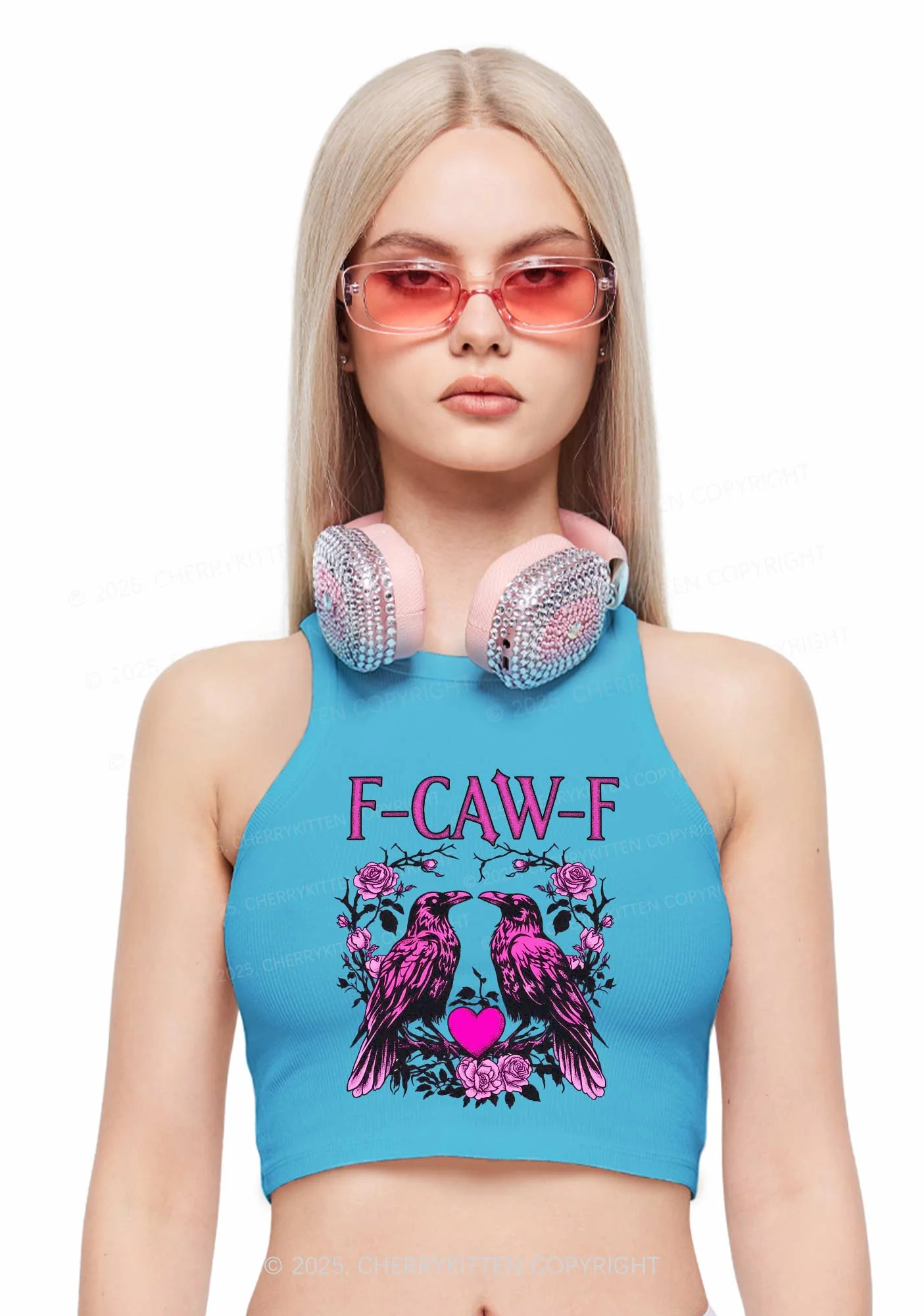 F CAW F Pink Ravens Valentine's Day Y2K Crop Tank Top Cherrykitten - Image 2