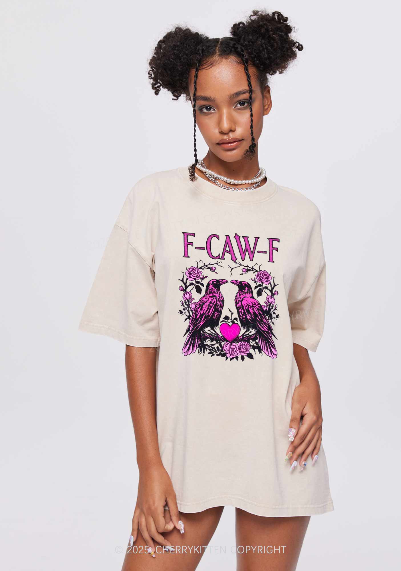 F CAW F Pink Ravens Valentine's Day Y2K Shirts Washed Tee Cherrykitten - Image 2