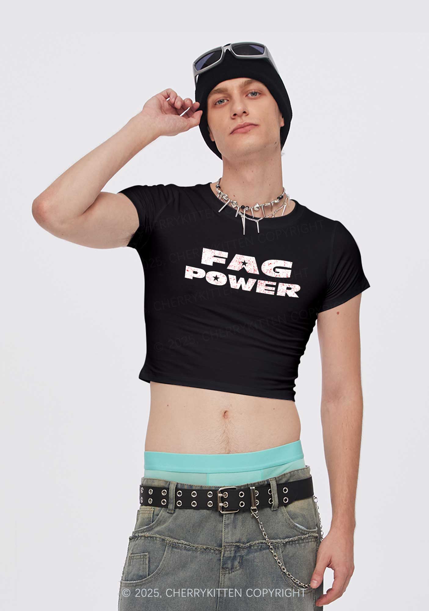Fag Power Pride Y2K Baby Tee Cherrykitten - Image 2