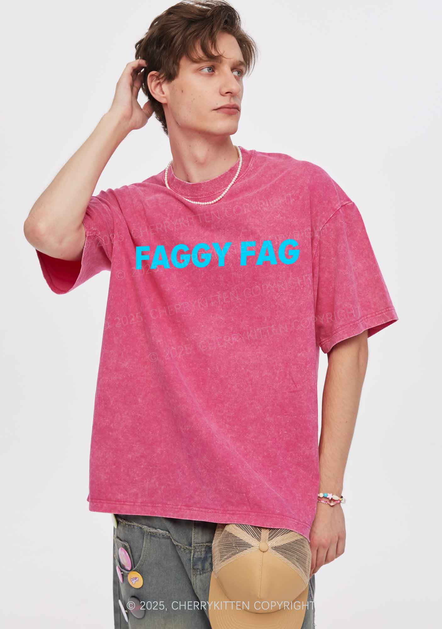 Faggy Fag Pride Y2K Shirts Washed Tee Cherrykitten - Image 2