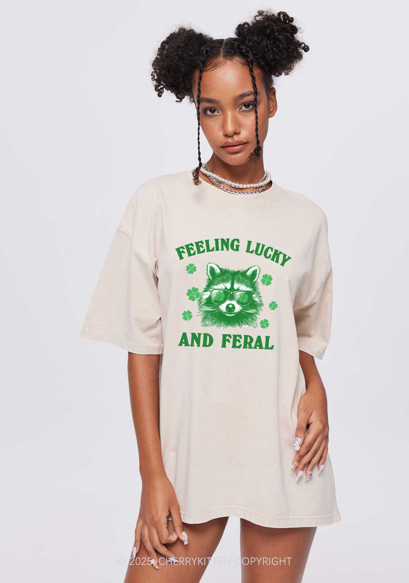 Feeling Lucky And Feral St Patricks Y2K Washed Tee Cherrykitten - Image 3