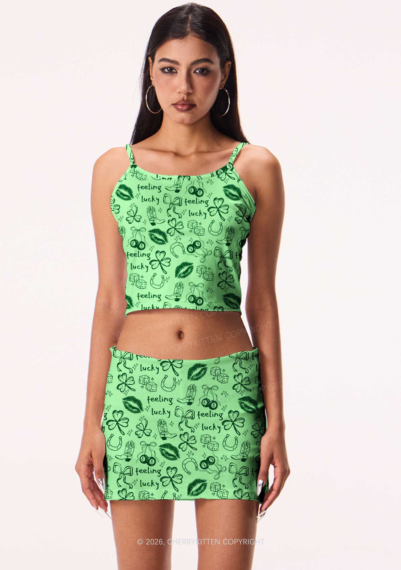 Feeling Lucky Graffiti St Patricks Y2K Print Cami Crop Top Cherrykitten - Image 2