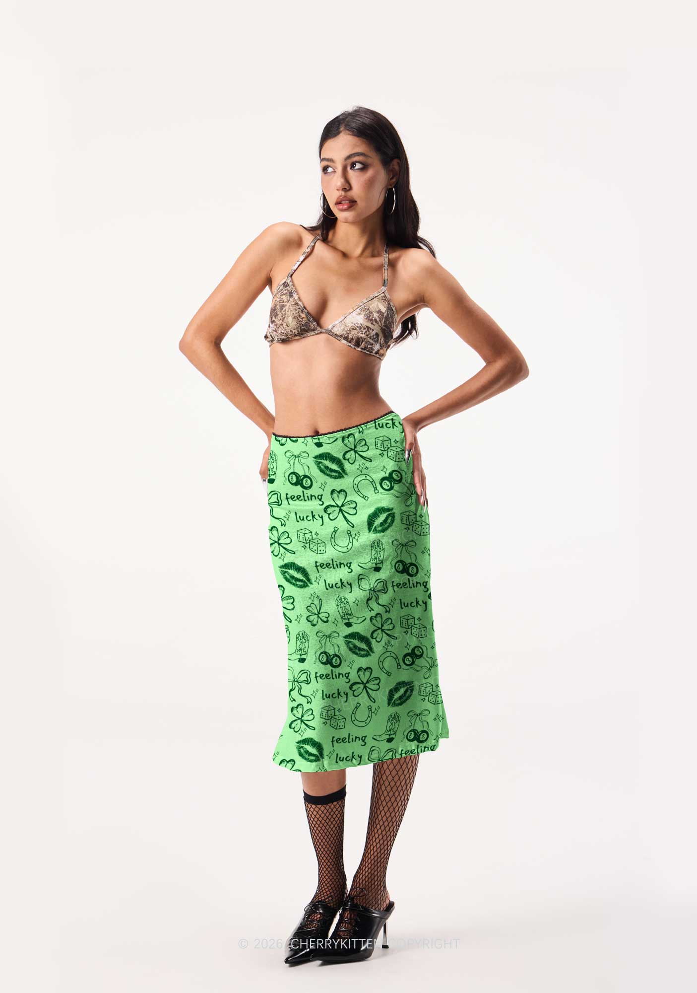 Feeling Lucky Graffiti St Patricks Y2K Print Midi Skirt Cherrykitten - Image 2