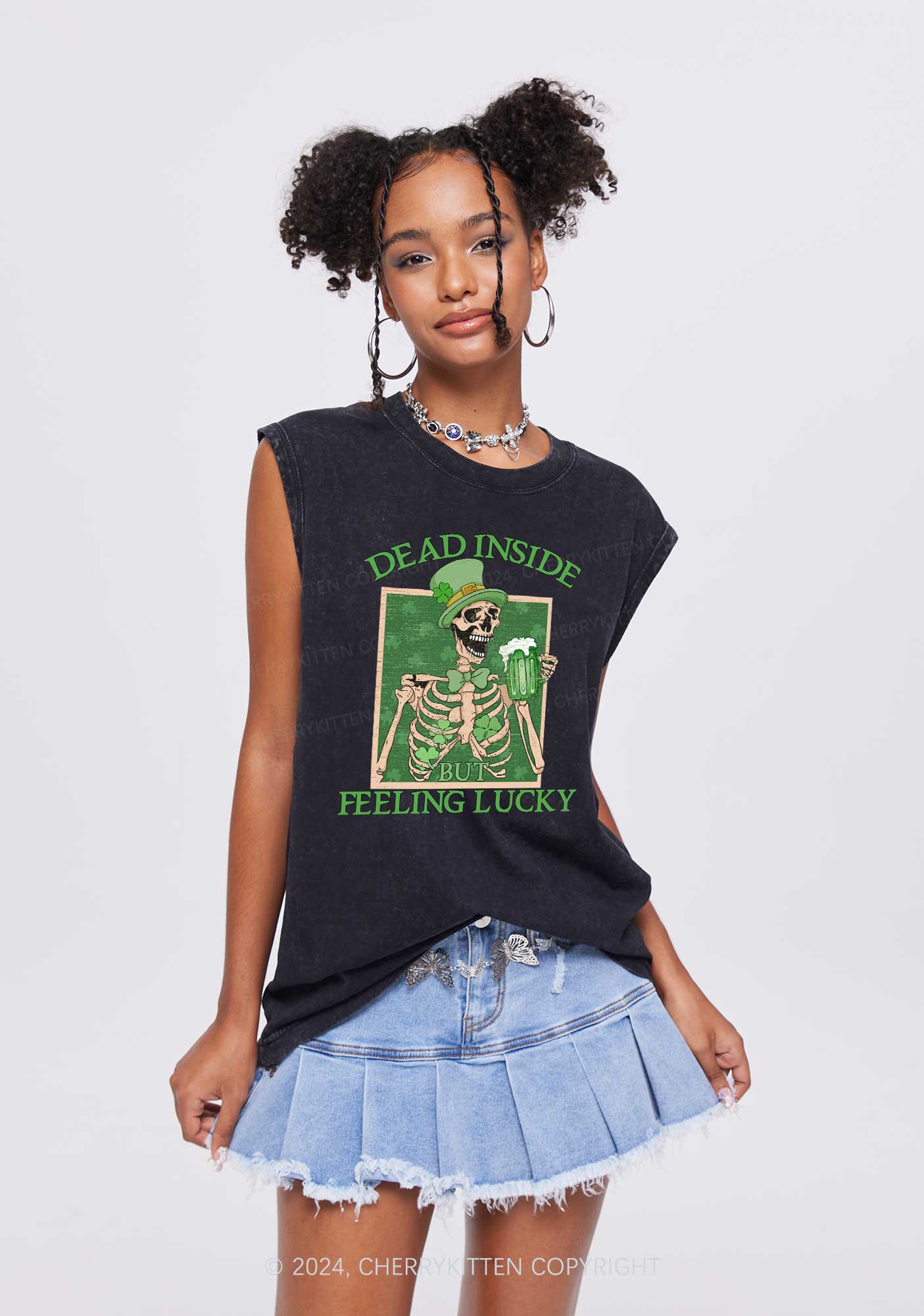 Feeling Lucky St Patricks Y2K Washed Tank Cherrykitten - Image 2