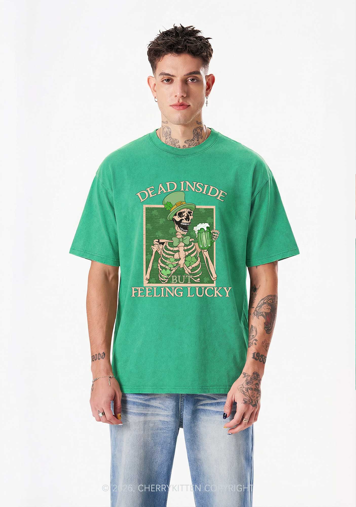 Feeling Lucky St Patricks Y2K Washed Tee Cherrykitten - Image 2