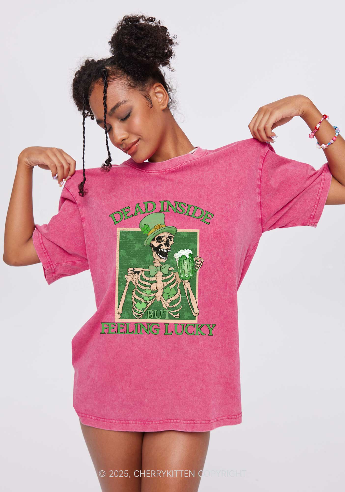 Feeling Lucky St Patricks Y2K Washed Tee Cherrykitten - Image 3