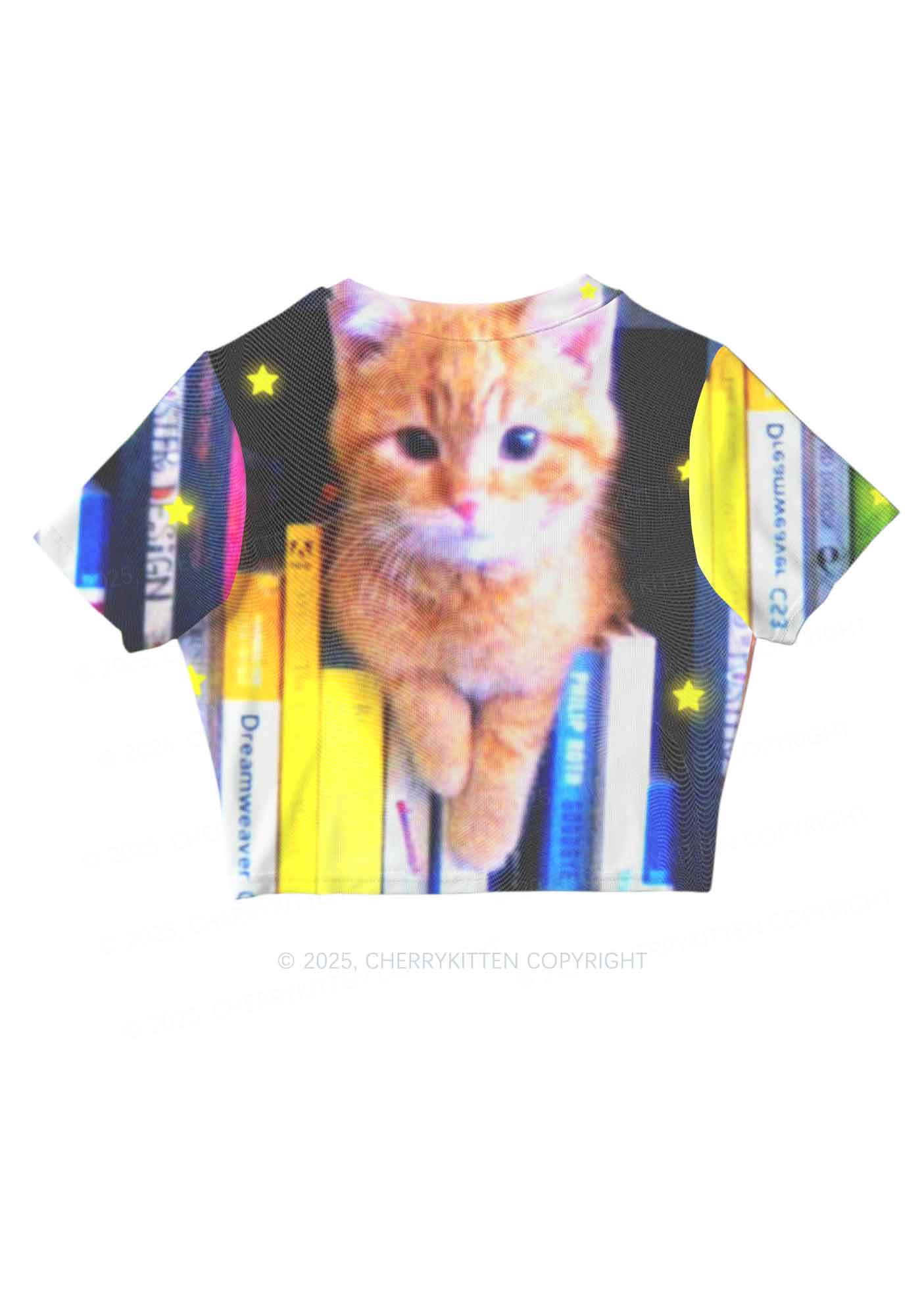 Feline Bookworm Y2K Mesh Crop Top Cherrykitten - Image 5