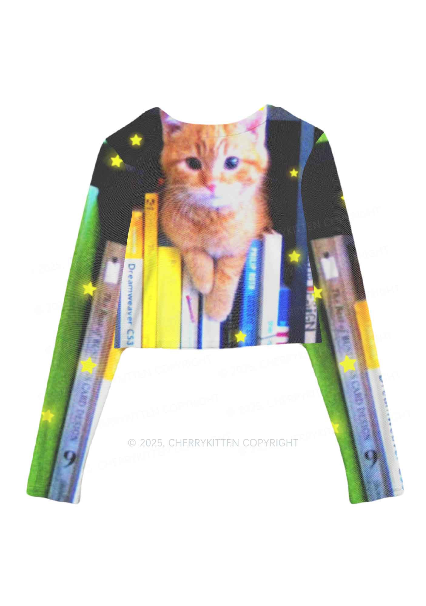 Feline Bookworm Y2K Mesh Long Sleeve Crop Top Cherrykitten - Image 3