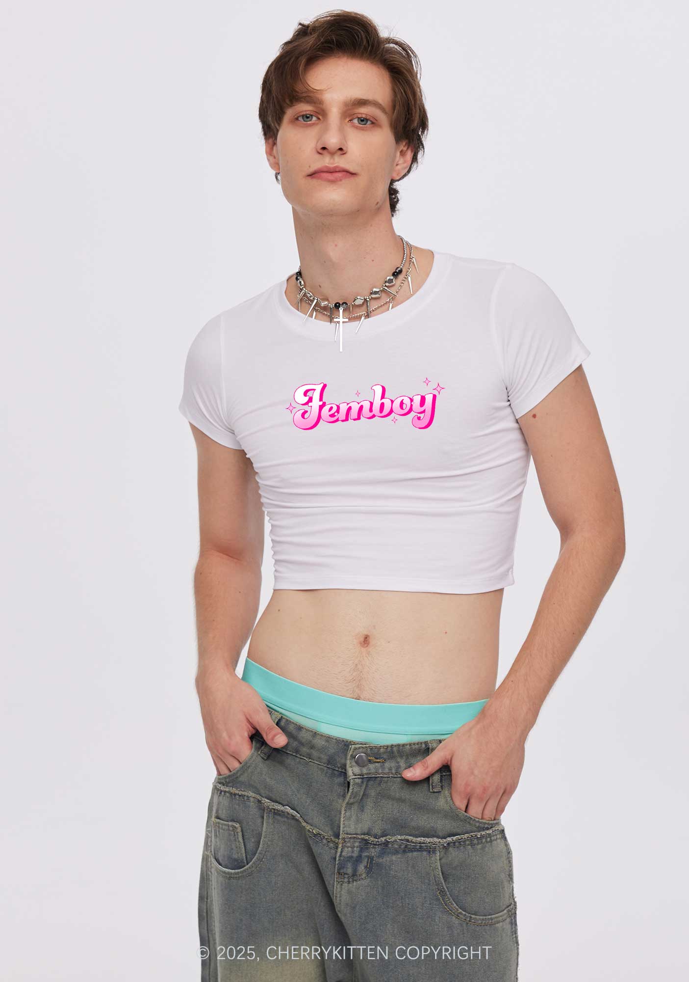 Femboy Pride Y2K Baby Tee Cherrykitten - Image 2