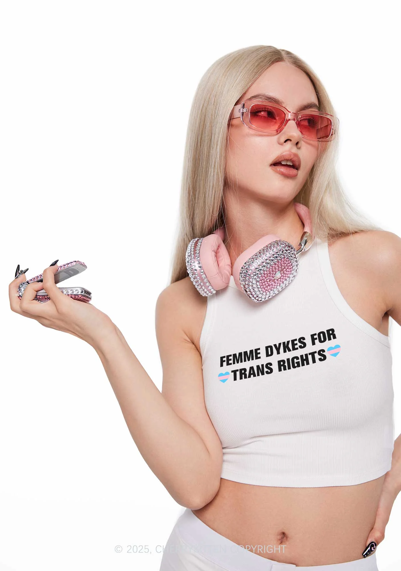 Femme Dykes For Trans Rights Y2K Crop Tank Top Cherrykitten - Image 2