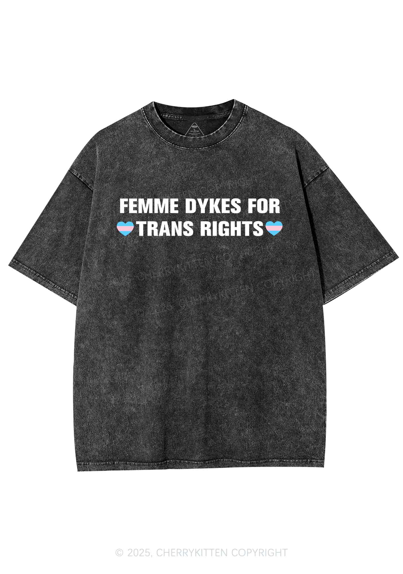 Femme Dykes For Trans Rights Y2K Shirts Washed Tee Cherrykitten - Image 3