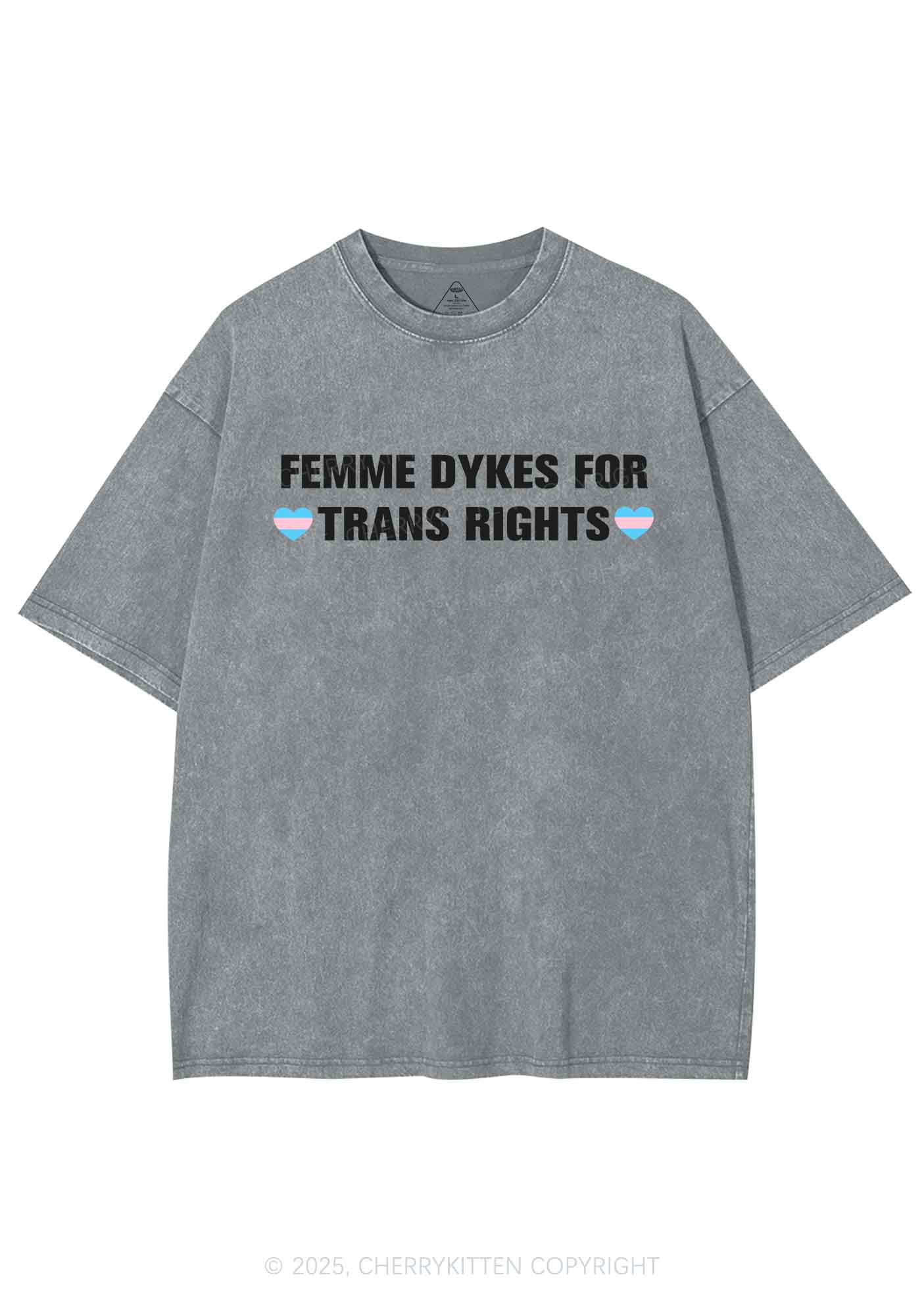 Femme Dykes For Trans Rights Y2K Shirts Washed Tee Cherrykitten - Image 7
