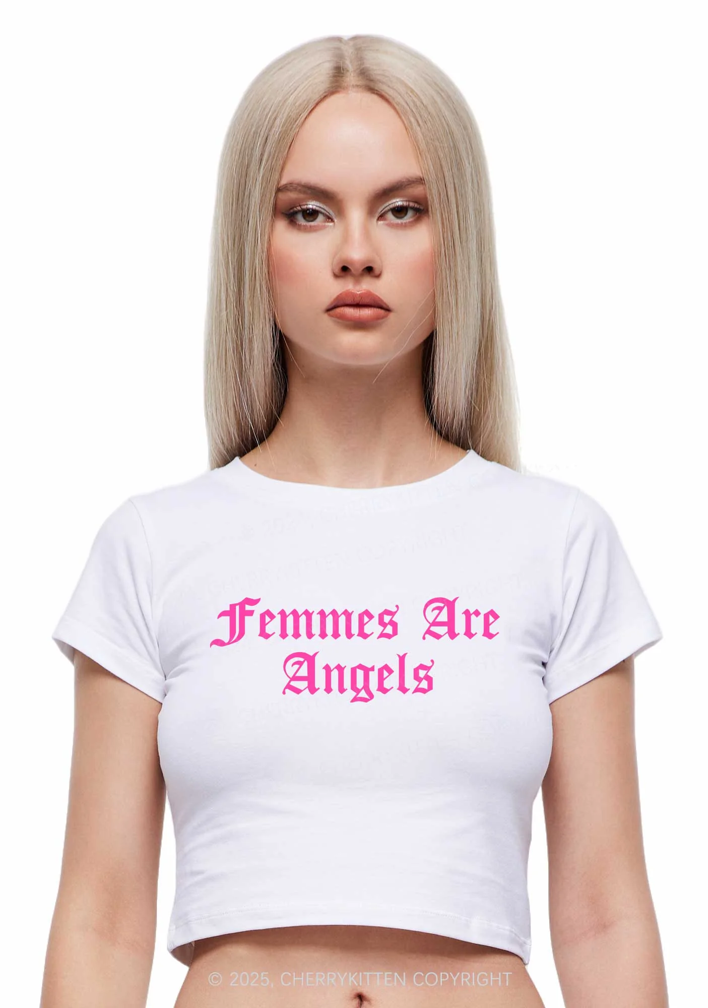 Femmes Are Angels Y2K Baby Tee Cherrykitten - Image 2