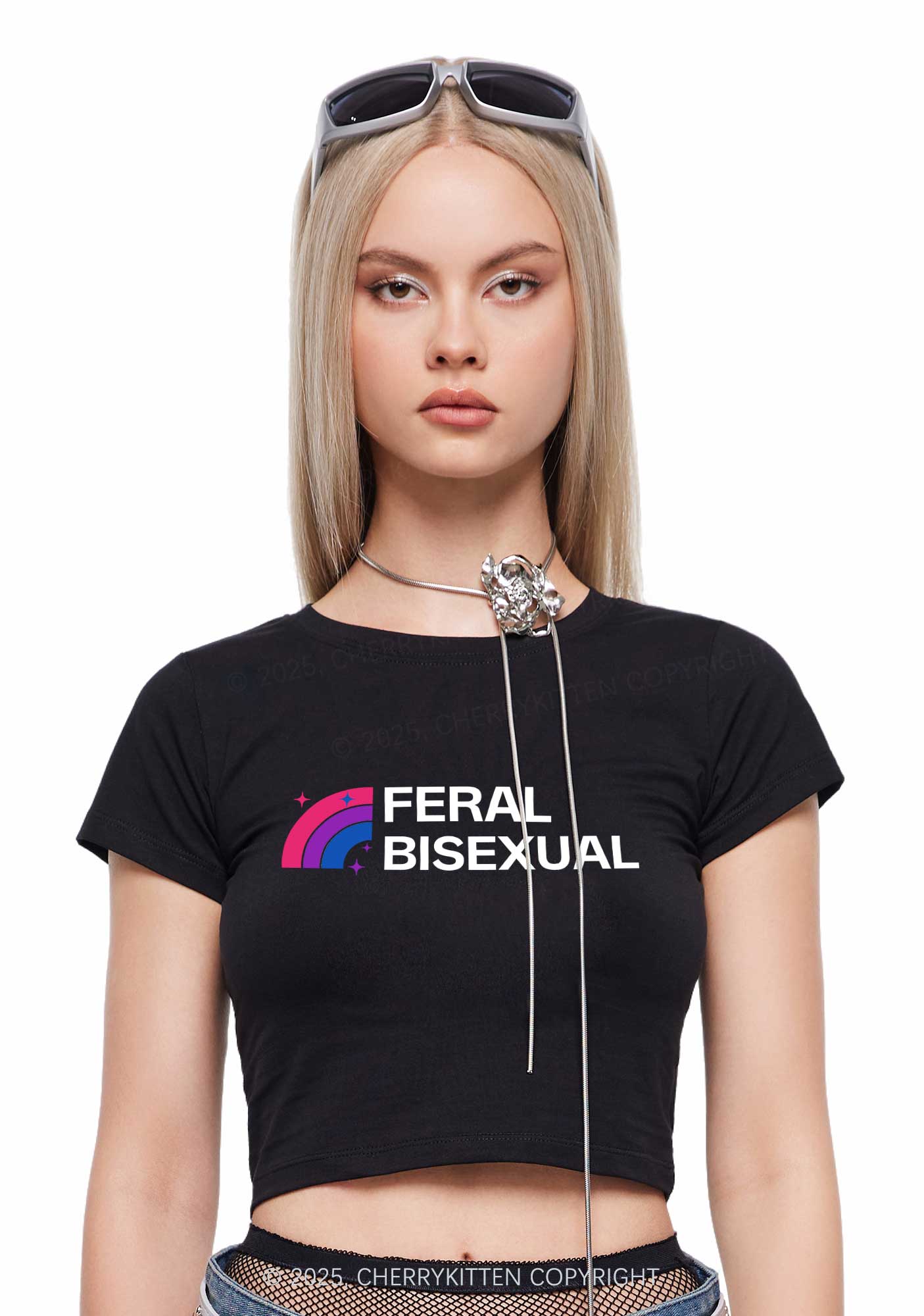 Feral Bisexual Pride Y2K Baby Tee Cherrykitten - Image 2