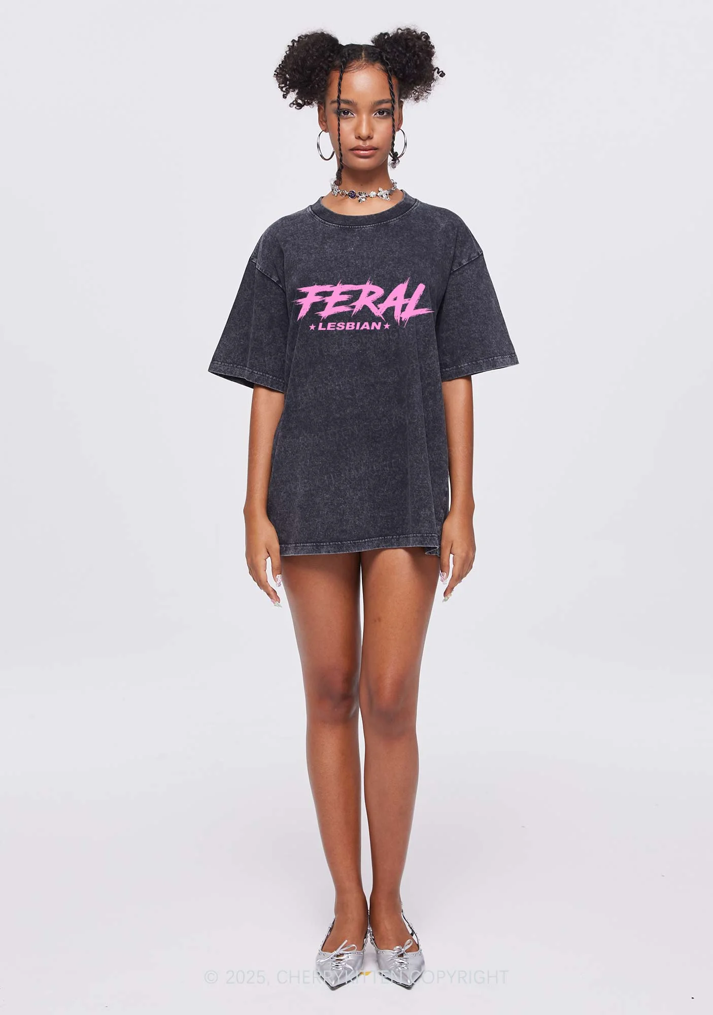 Feral Lesbian Pride Y2K Shirts Washed Tee Cherrykitten - Image 2