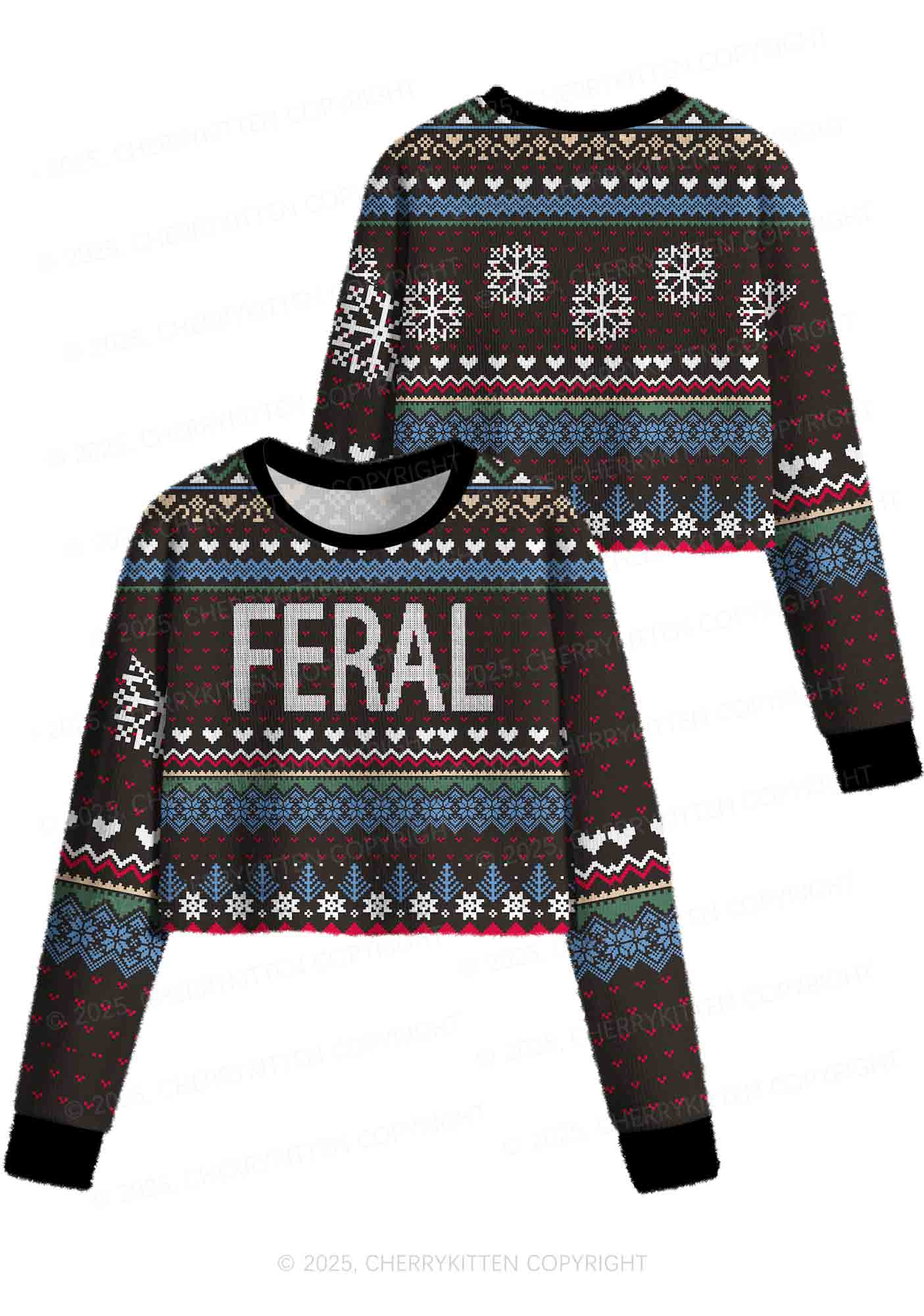 Feral Y2K Christmas Crop Knit Sweatshirt Cherrykitten - Image 3