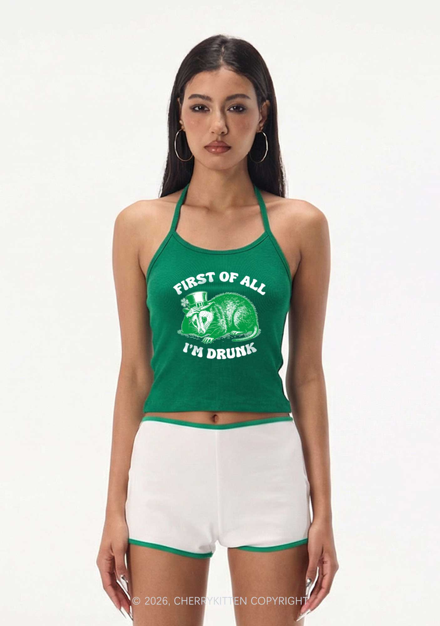 First Of All Im Drunk St Patricks Y2K Halter Neck Cami Cherrykitten - Image 2