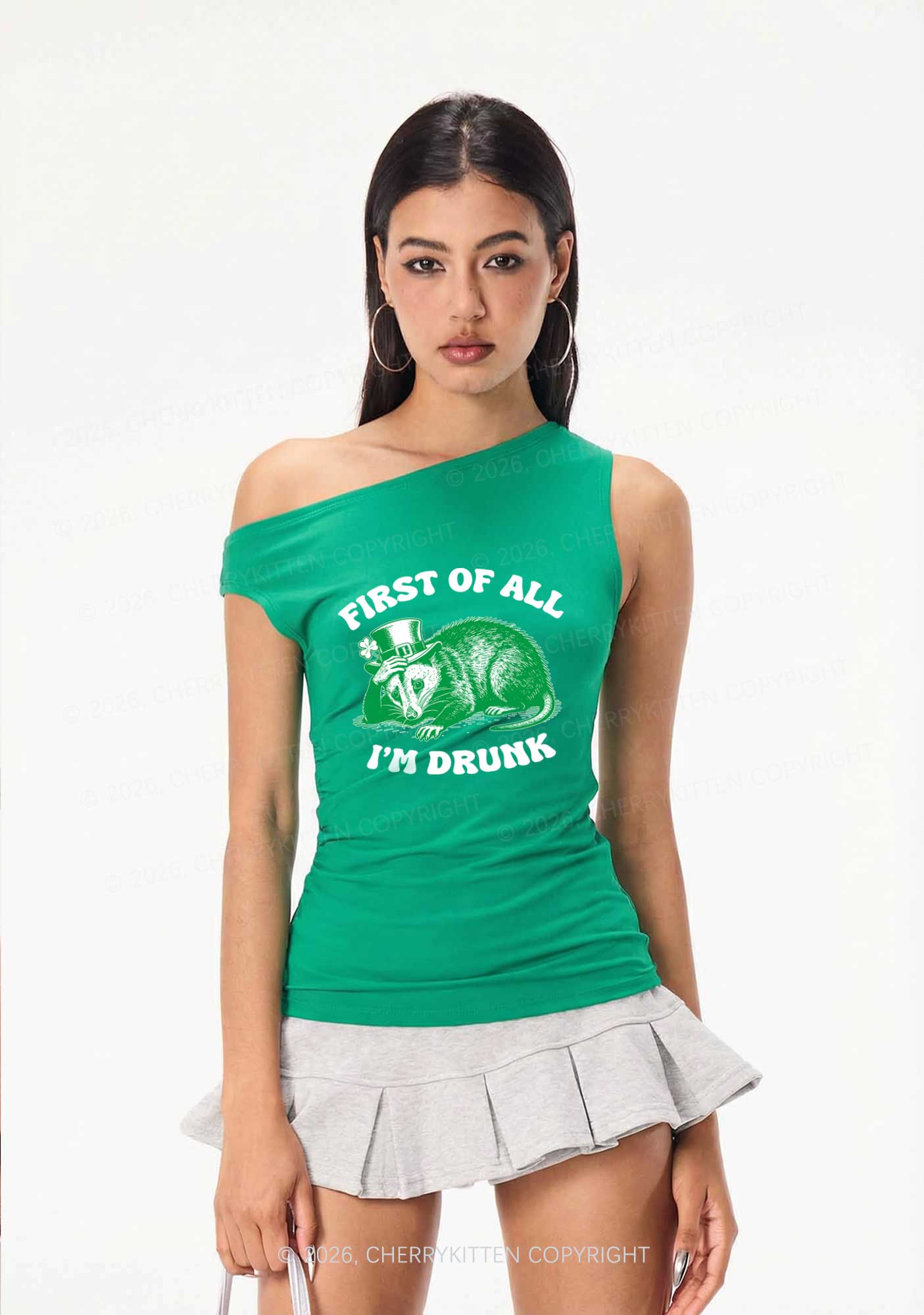 First Of All Im Drunk St Patricks Y2K Off Shoulder Tank Top Cherrykitten - Image 2