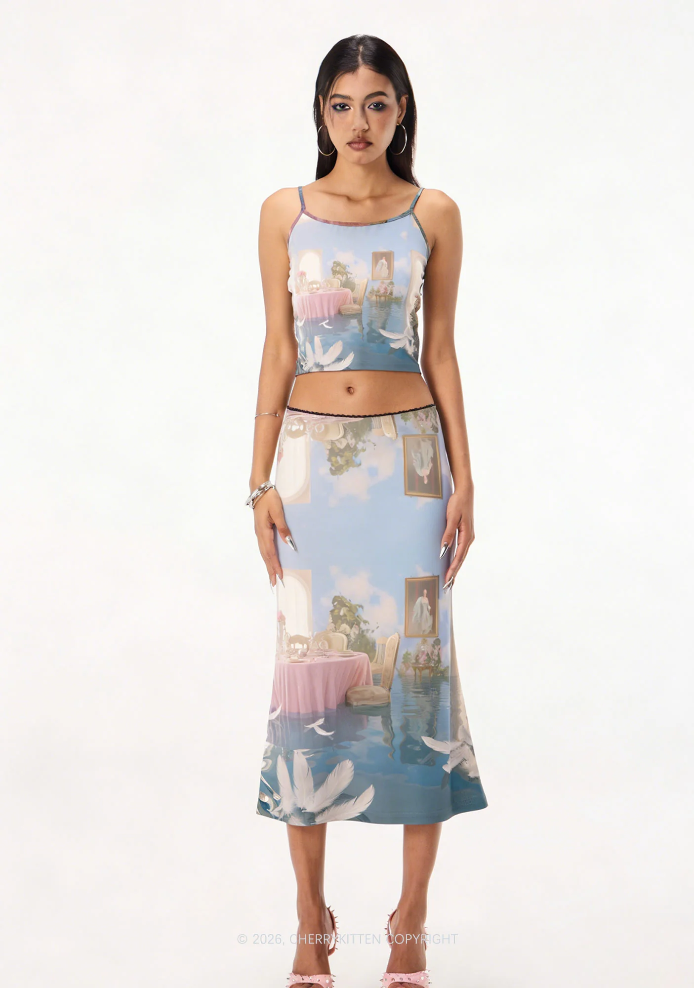 Floating Sky Dining Room Y2K Print Midi Skirt Cherrykitten - Image 2