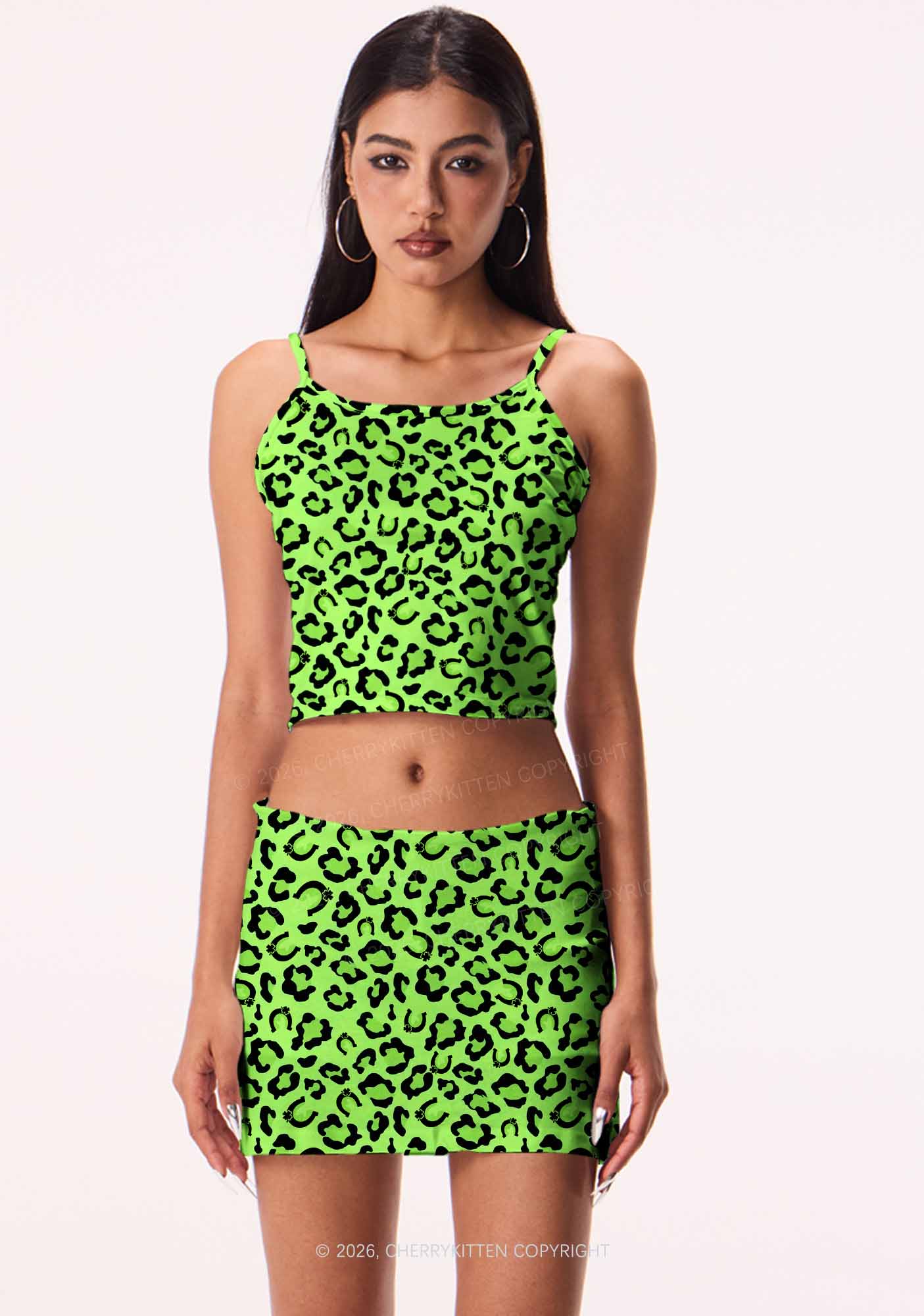 Fluorescent Green Leopard St Patricks Y2K Print Cami Crop Top Cherrykitten - Image 2