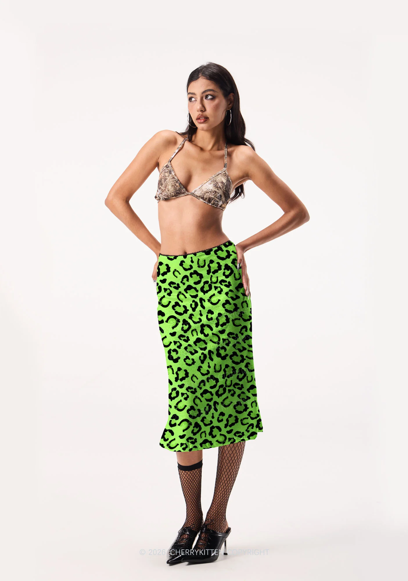 Fluorescent Green Leopard St Patricks Y2K Print Midi Skirt Cherrykitten - Image 2