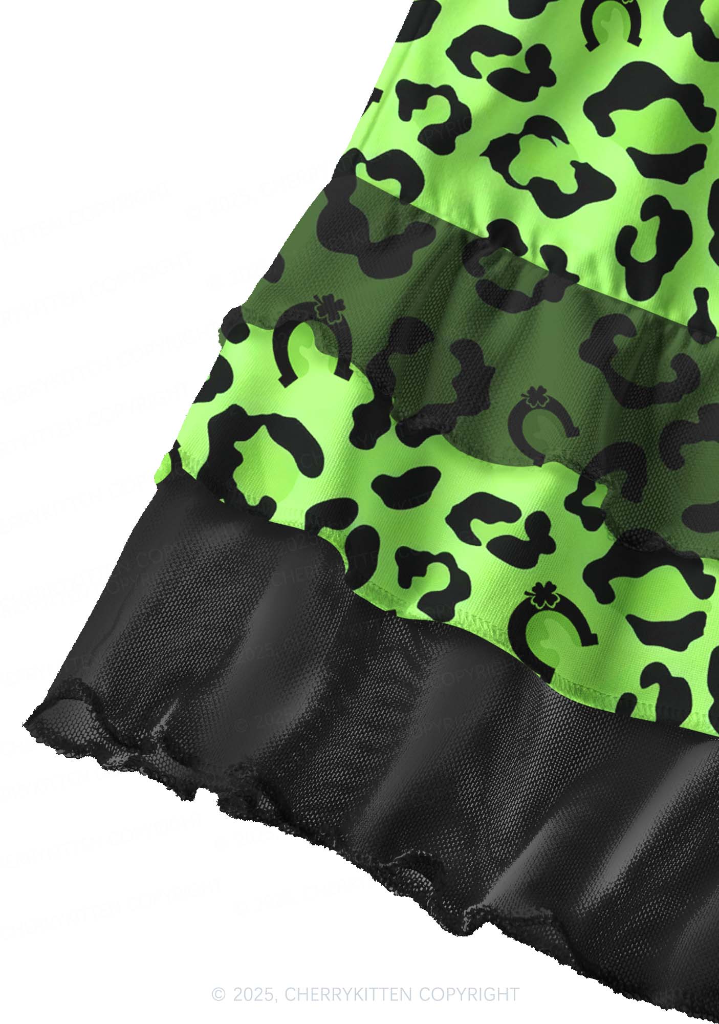 Fluorescent Green Leopard St Patricks Y2K Print Mini Layered Skirt Cherrykitten - Image 2