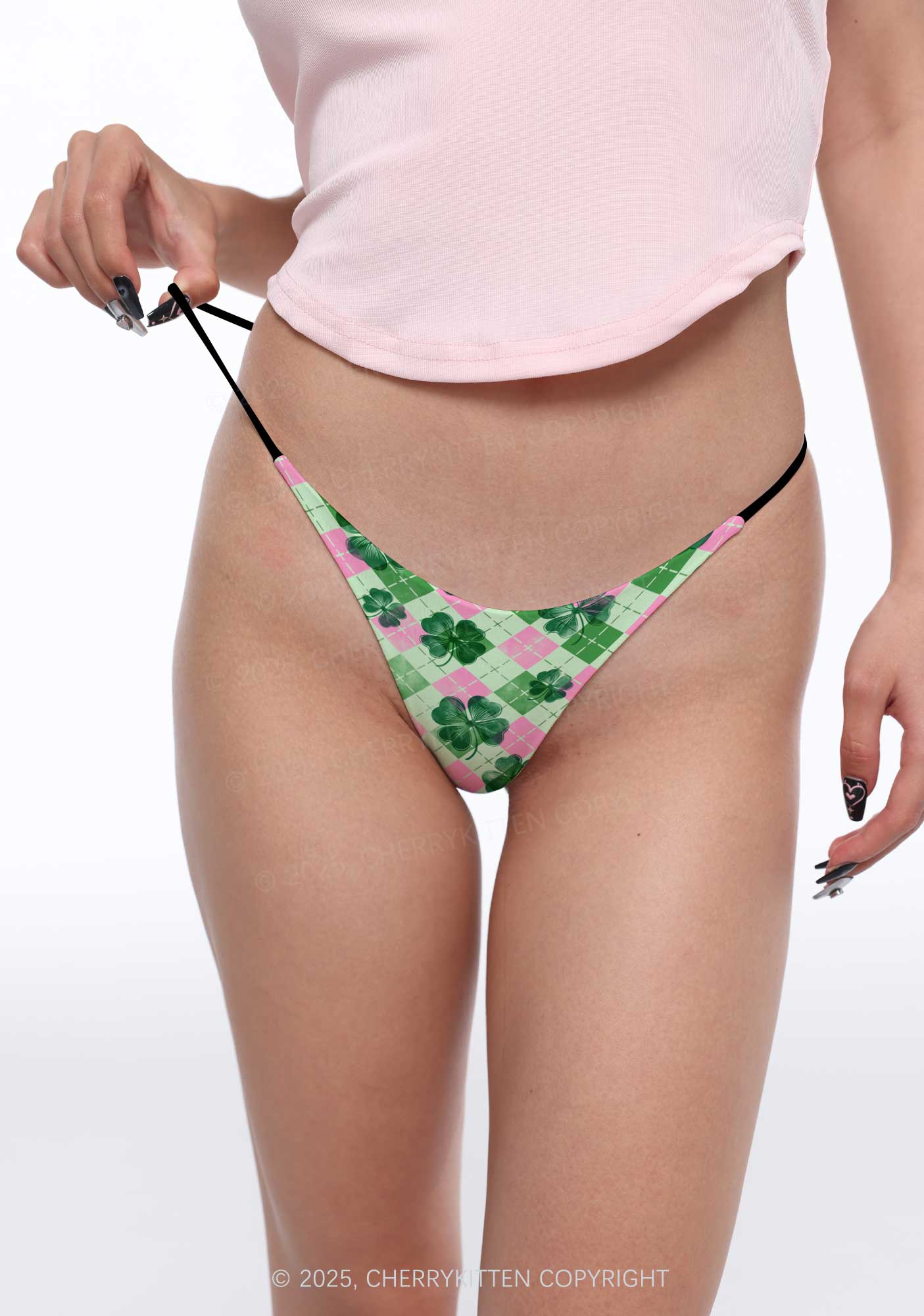 Four Leaf Clover Pink Plaid St Patricks Y2K Print Bikini String Thong Cherrykitten - Image 2