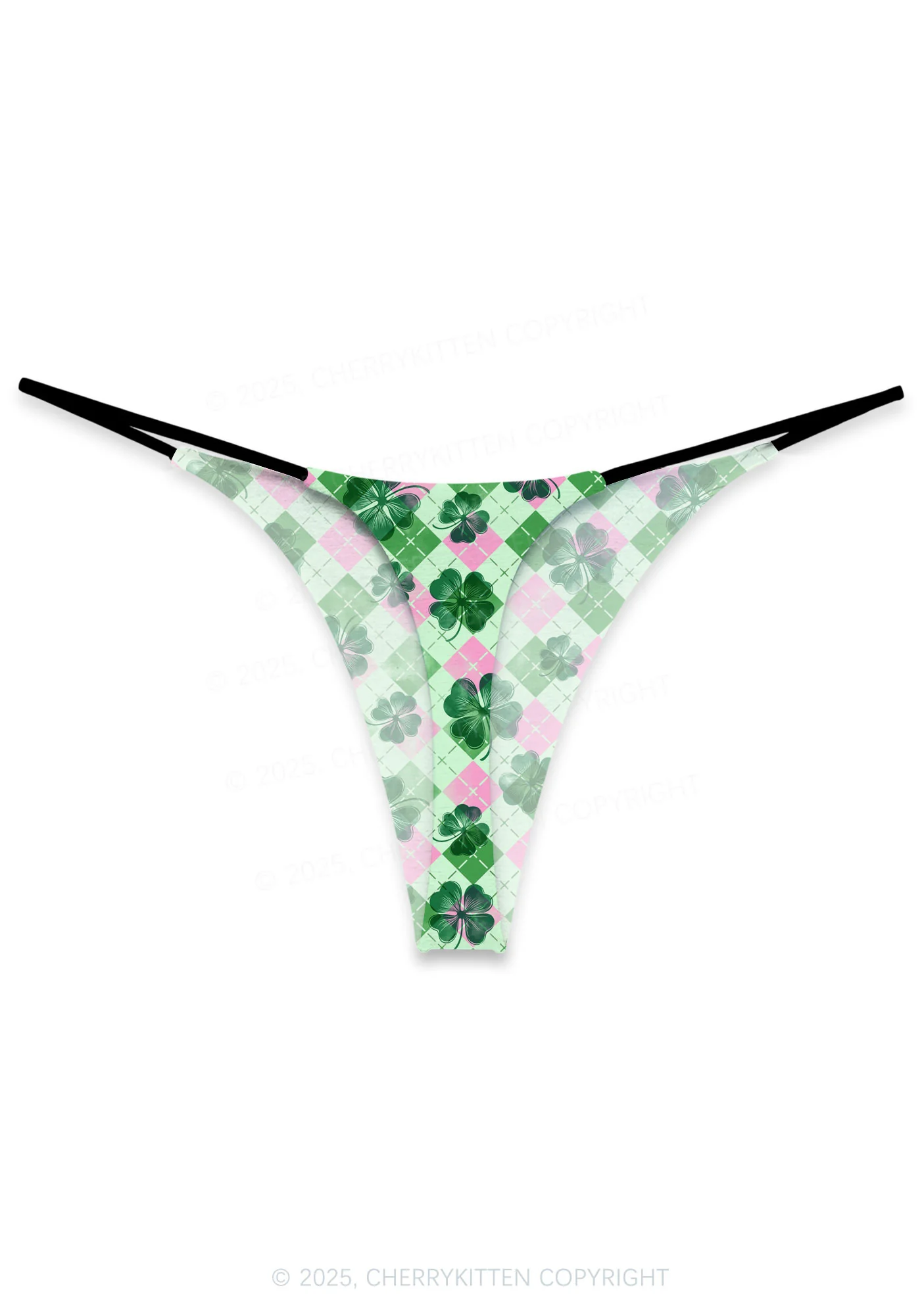 Four Leaf Clover Pink Plaid St Patricks Y2K Print Bikini String Thong Cherrykitten - Image 3