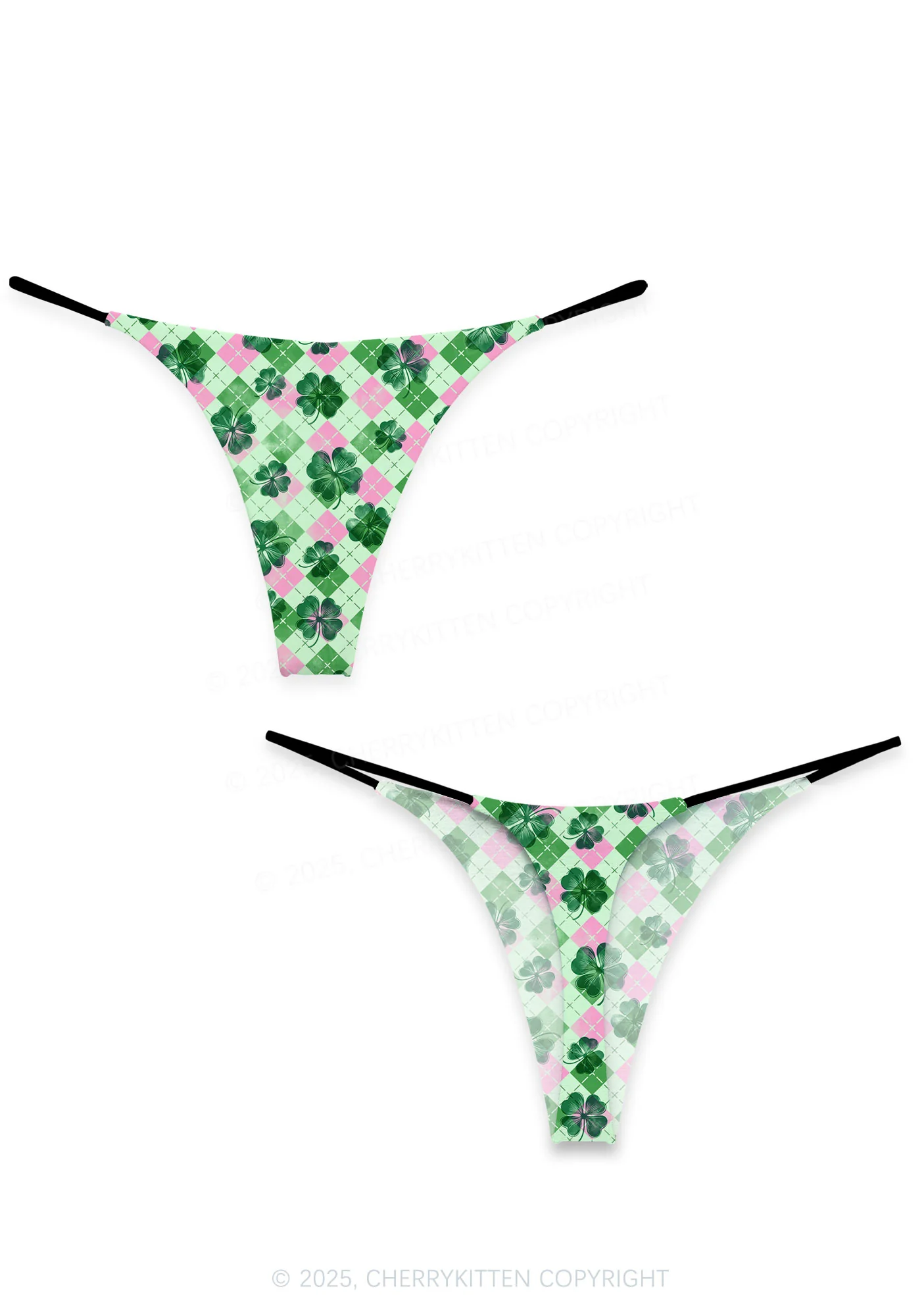 Four Leaf Clover Pink Plaid St Patricks Y2K Print Bikini String Thong Cherrykitten - Image 4