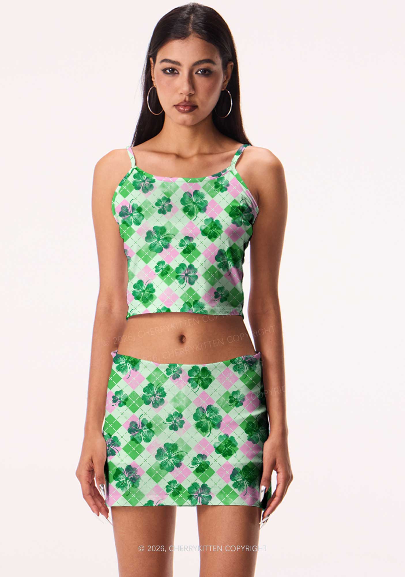 Four Leaf Clover Pink Plaid St Patricks Y2K Print Cami Crop Top Cherrykitten - Image 2