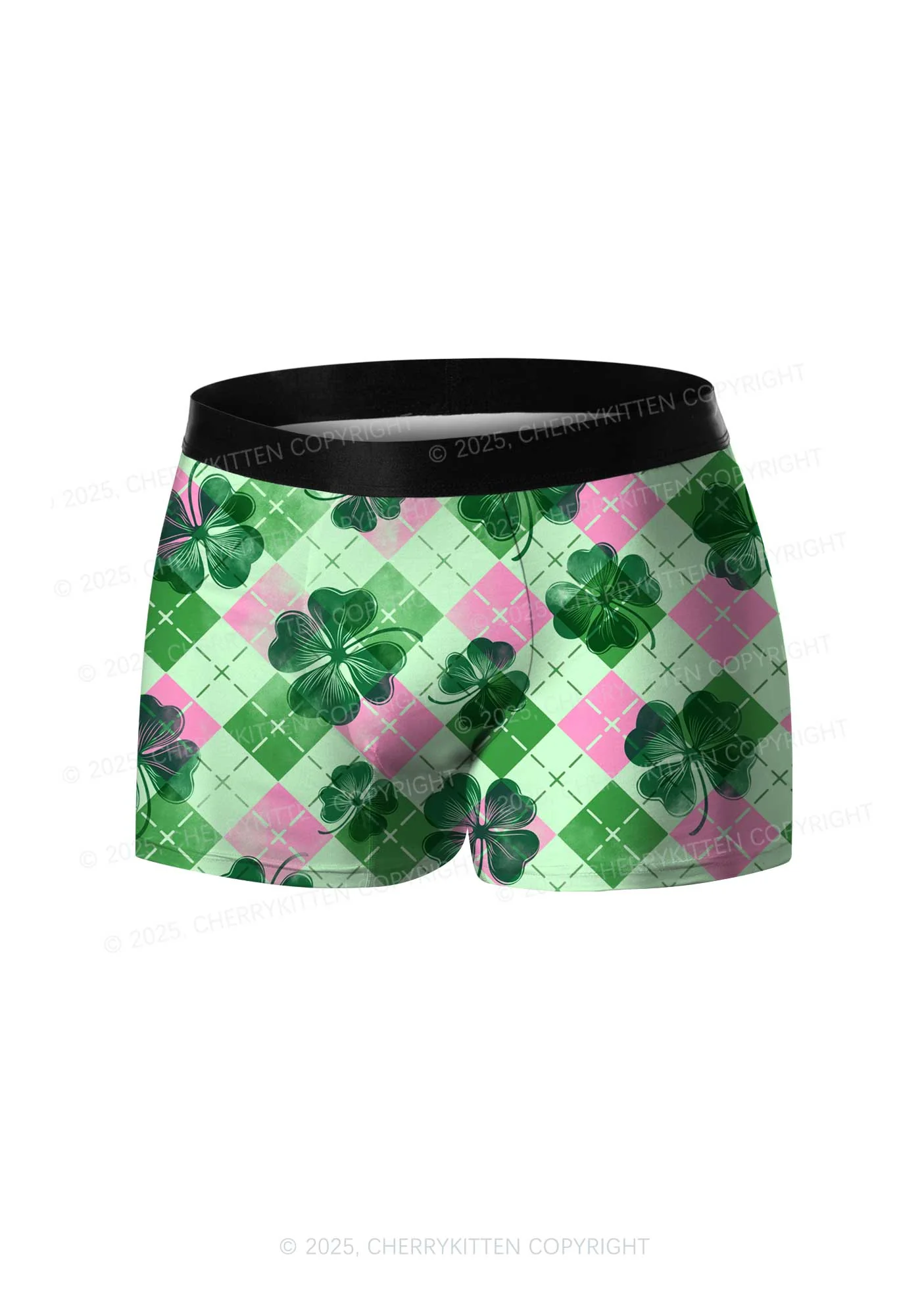 Four Leaf Clover Pink Plaid St Patricks Y2K Print Men Boxer Briefs Cherrykitten - Image 3