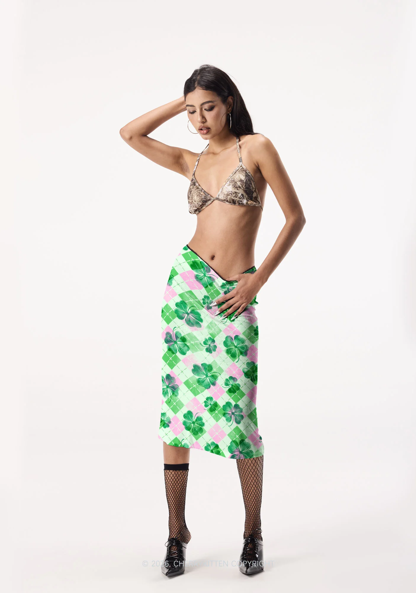 Four Leaf Clover Pink Plaid St Patricks Y2K Print Midi Skirt Cherrykitten - Image 2