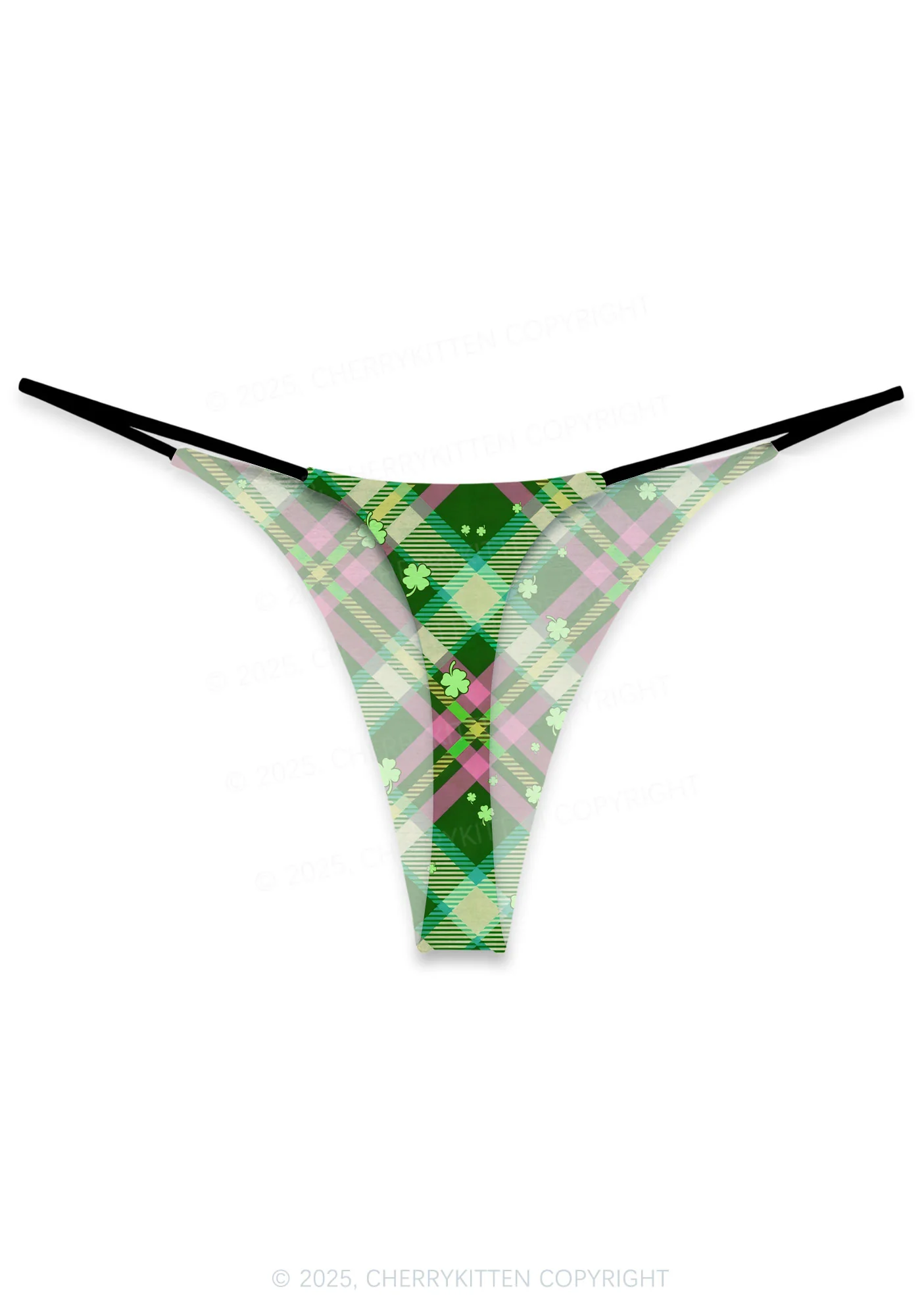 Four Leaf Clover Plaid St Patricks Y2K Print Bikini String Thong Cherrykitten - Image 3