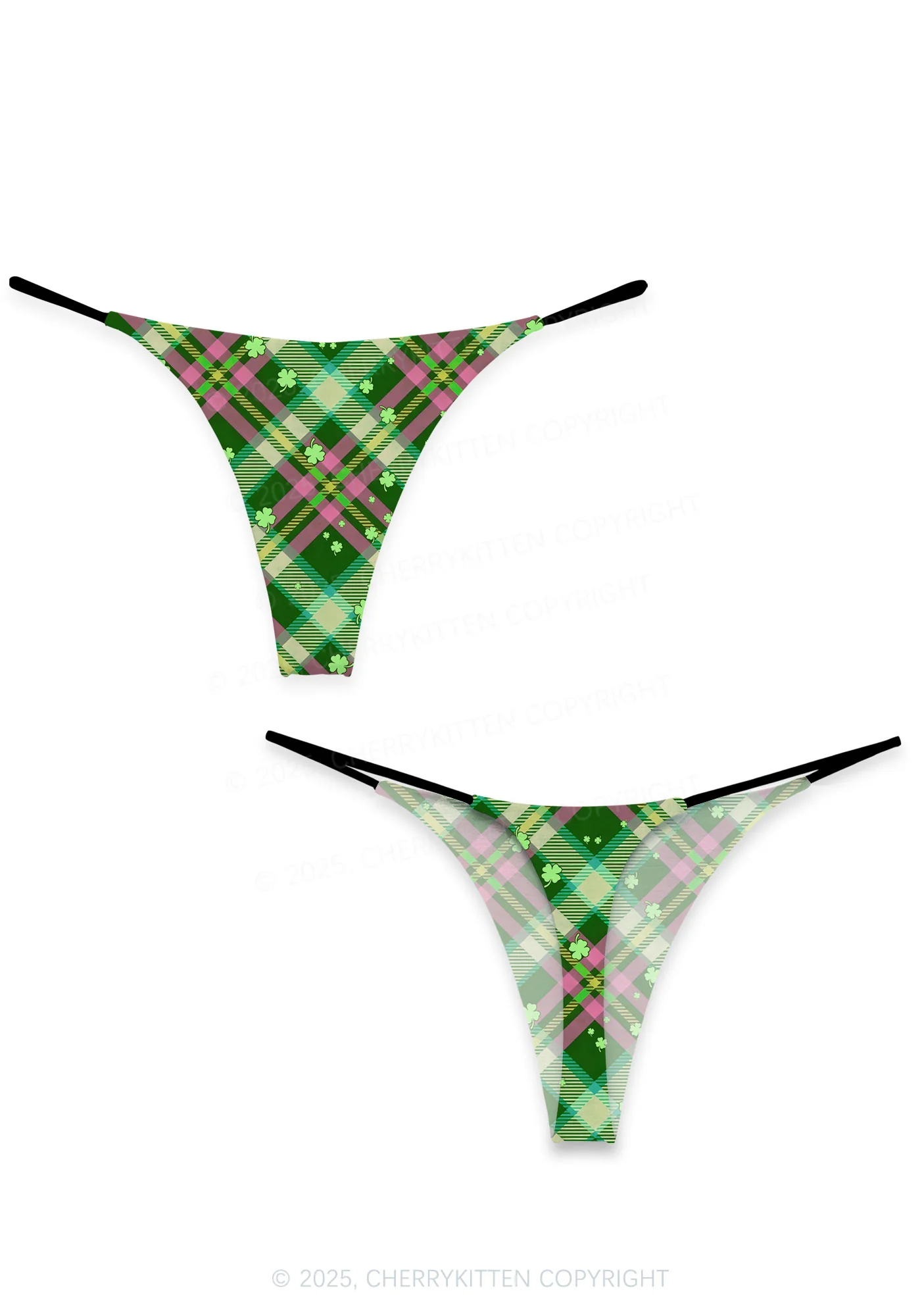 Four Leaf Clover Plaid St Patricks Y2K Print Bikini String Thong Cherrykitten - Image 4