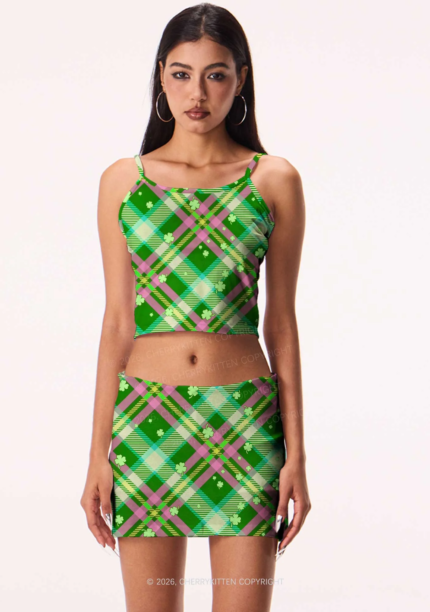 Four Leaf Clover Plaid St Patricks Y2K Print Mini Skirt Cherrykitten - Image 2