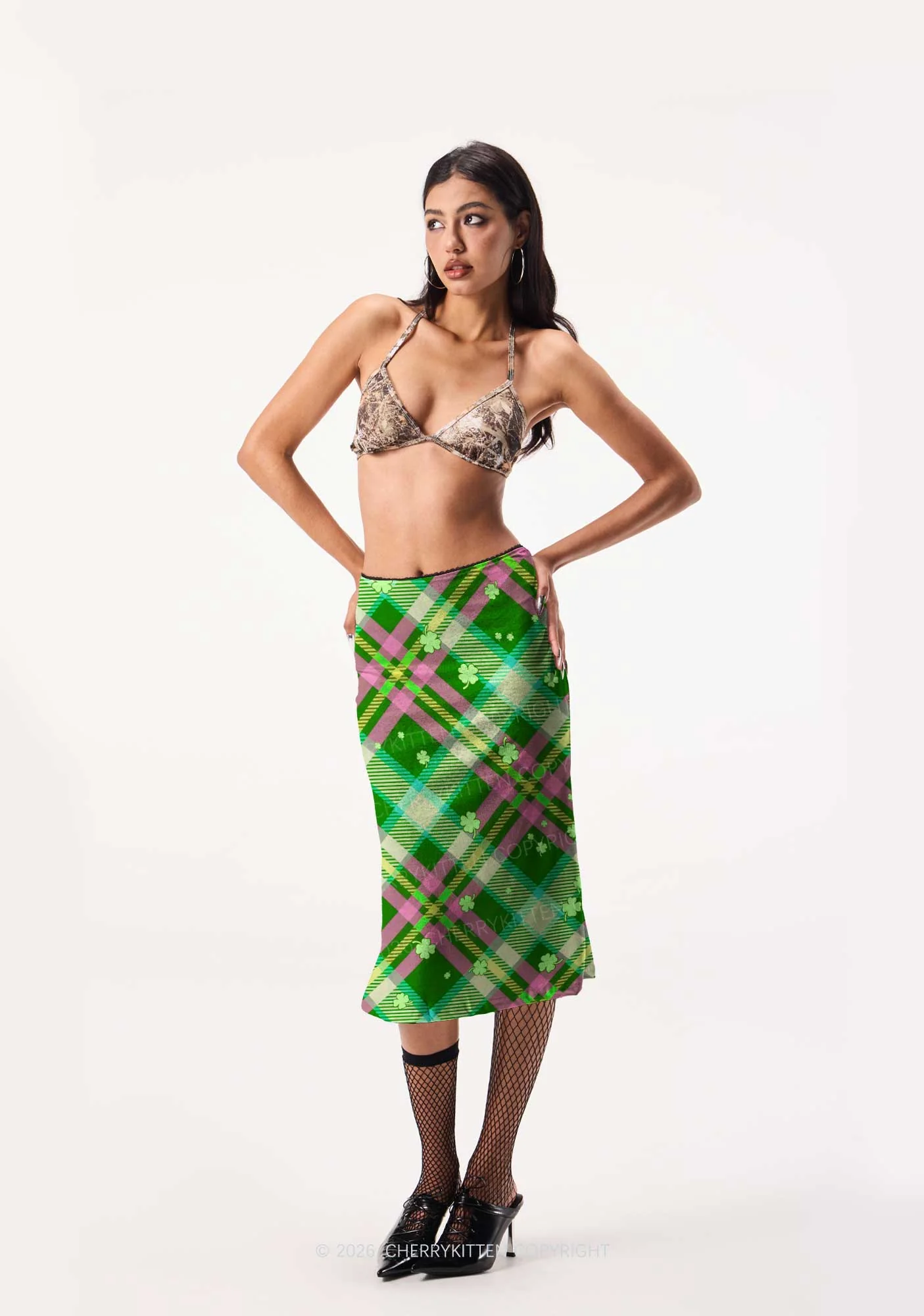 Four Leaf Clover Plaid St Patricks Y2K Print Midi Skirt Cherrykitten - Image 2
