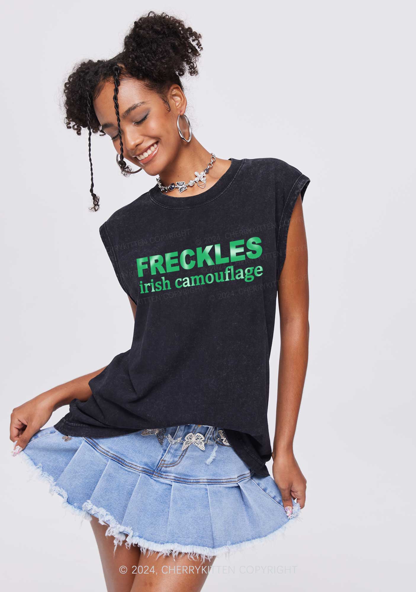 Freckles Irish Camouflage St Patricks Y2K Washed Tank Cherrykitten - Image 2