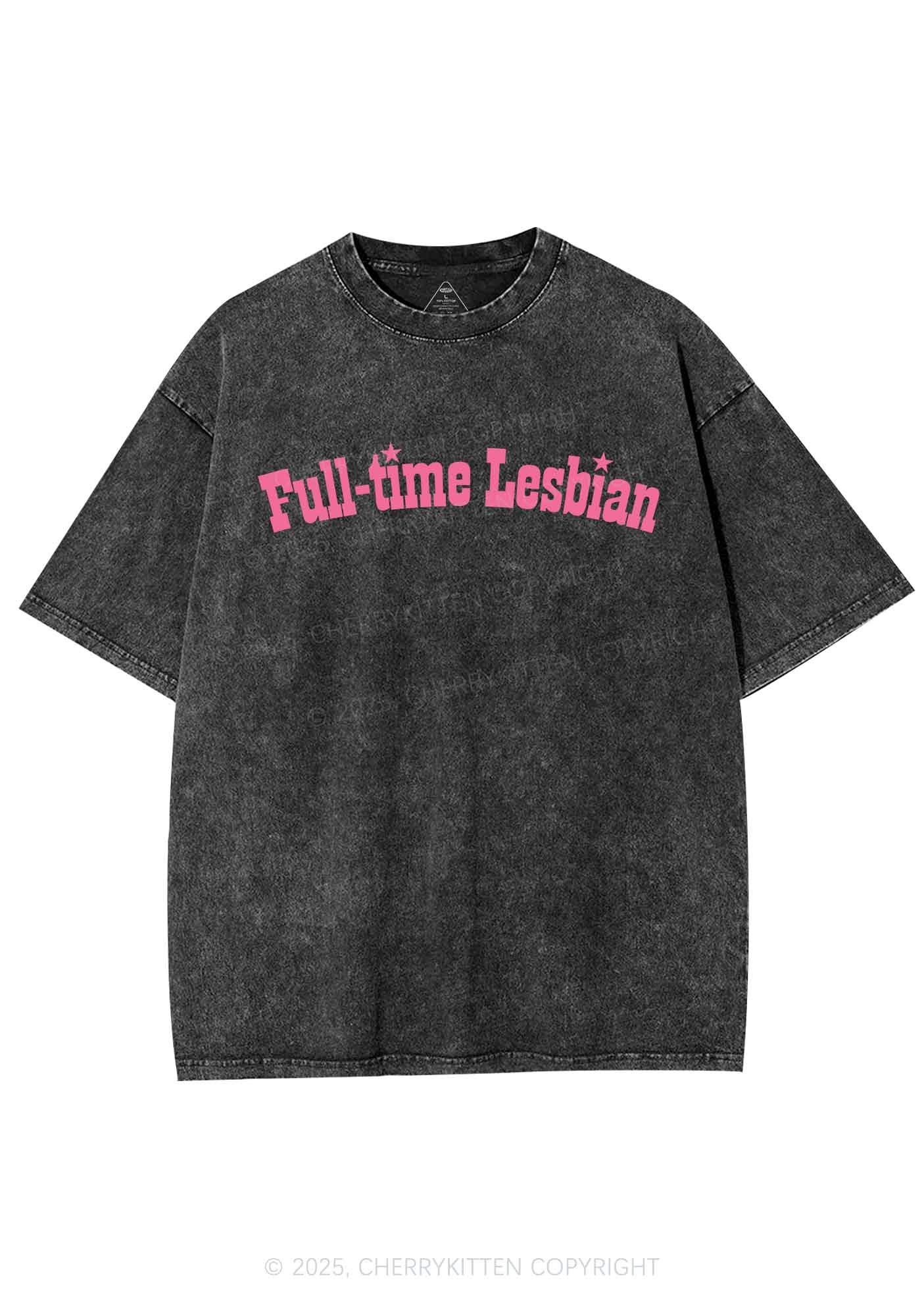 Full Time Lesbian Pride Y2K Shirts Washed Tee Cherrykitten - Image 3