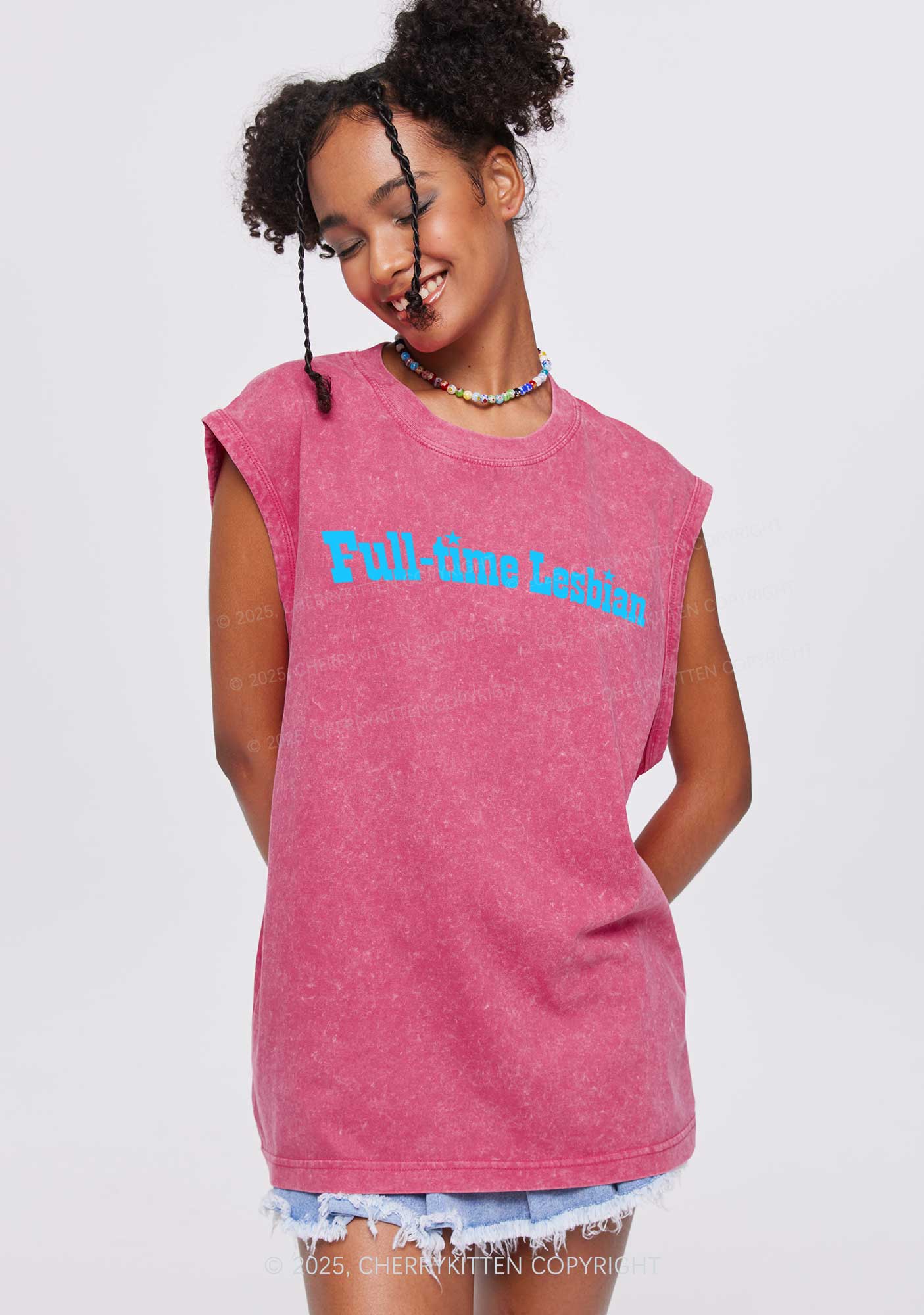Full Time Lesbian Pride Y2K Washed Muscle Tank Cherrykitten - Image 2