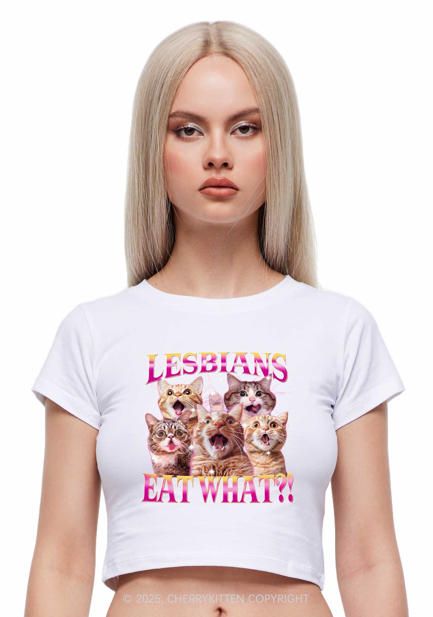Funny Lesbian Cat Y2K Baby Tee Cherrykitten - Image 3