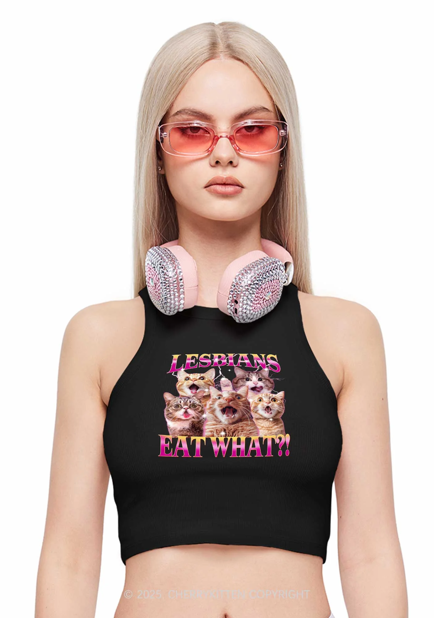 Funny Lesbian Cat Y2K Crop Tank Top Cherrykitten - Image 2